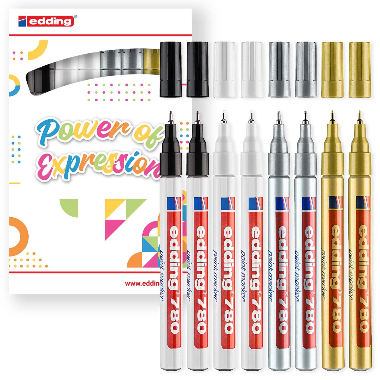 edding Rotulador de pintura brillante 780, colores esenciales, paquete de 8 marcadores de pintura, punta redonda extrafina de 0,8 mm, bolígrafo de pintura para vidrio, guijarros, madera, plástico,