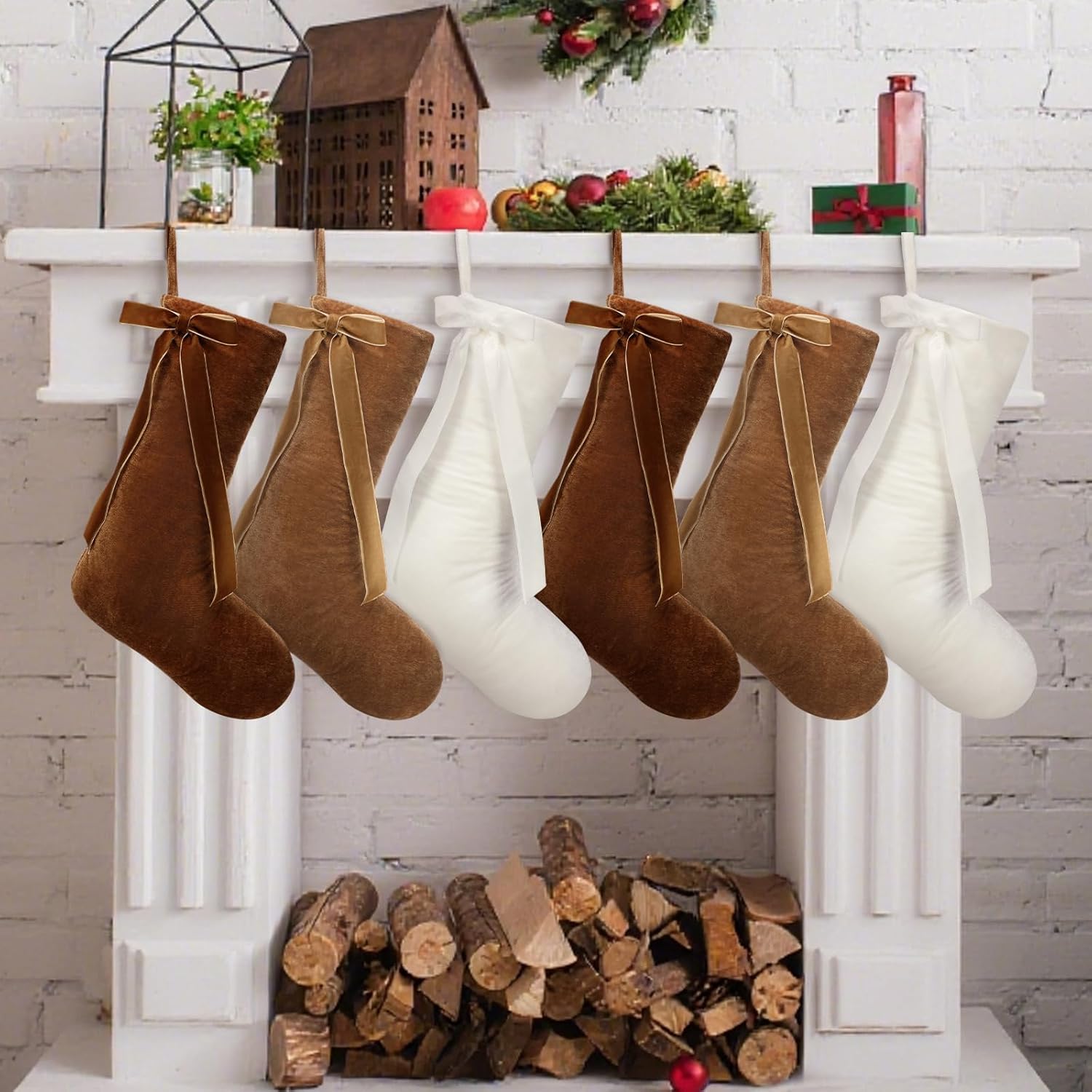 leumoi 6 pcs 18 inch farmhouse velvet christmas stockings,large neutral multicolor christmas fireplace stockings with bow country rustic velvet hanging decorations for family mantel party favors