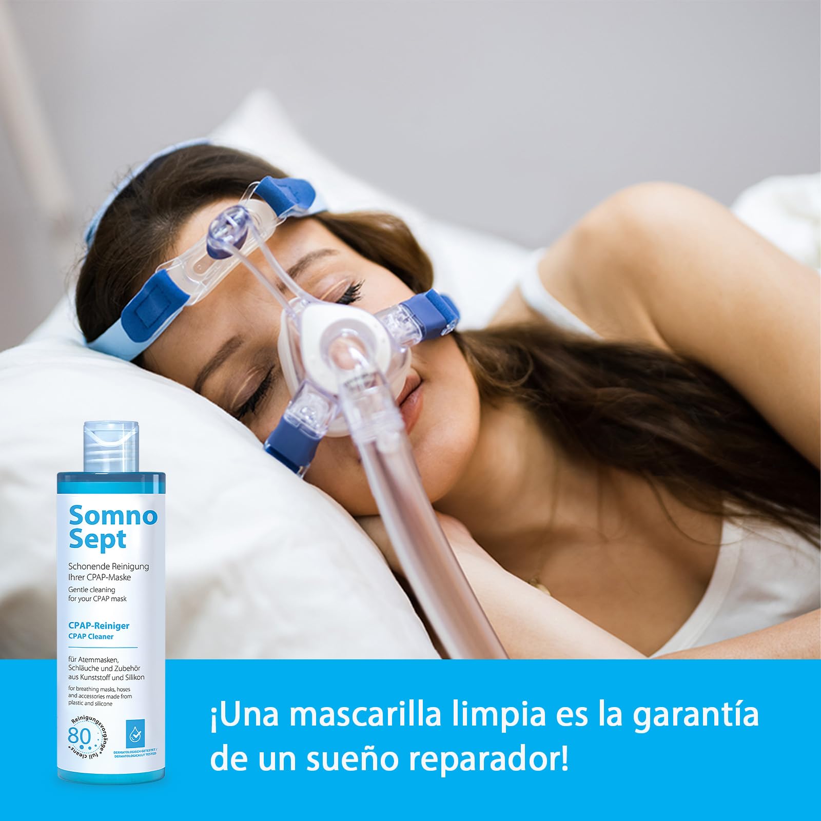 Paquete de limpieza CPAP: 3 limpiador CPAP, SomnoSept 400 ml y 1 cepillo de manguera Oxyhero CPAP, 120 cm, 19 mm, limpieza profunda de máscara CPAP, manguera CPAP, limpiador de silicona