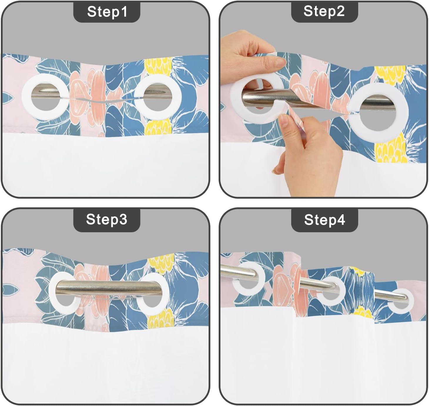 No Hook Floral Shower Curtain with Snap in Liner, 71x74 Inch – Pink & Blue Flower Shower Curtains for Bathroom, Romantic Floral Waterproof Cloth Fabric with See Through Mesh Top Window