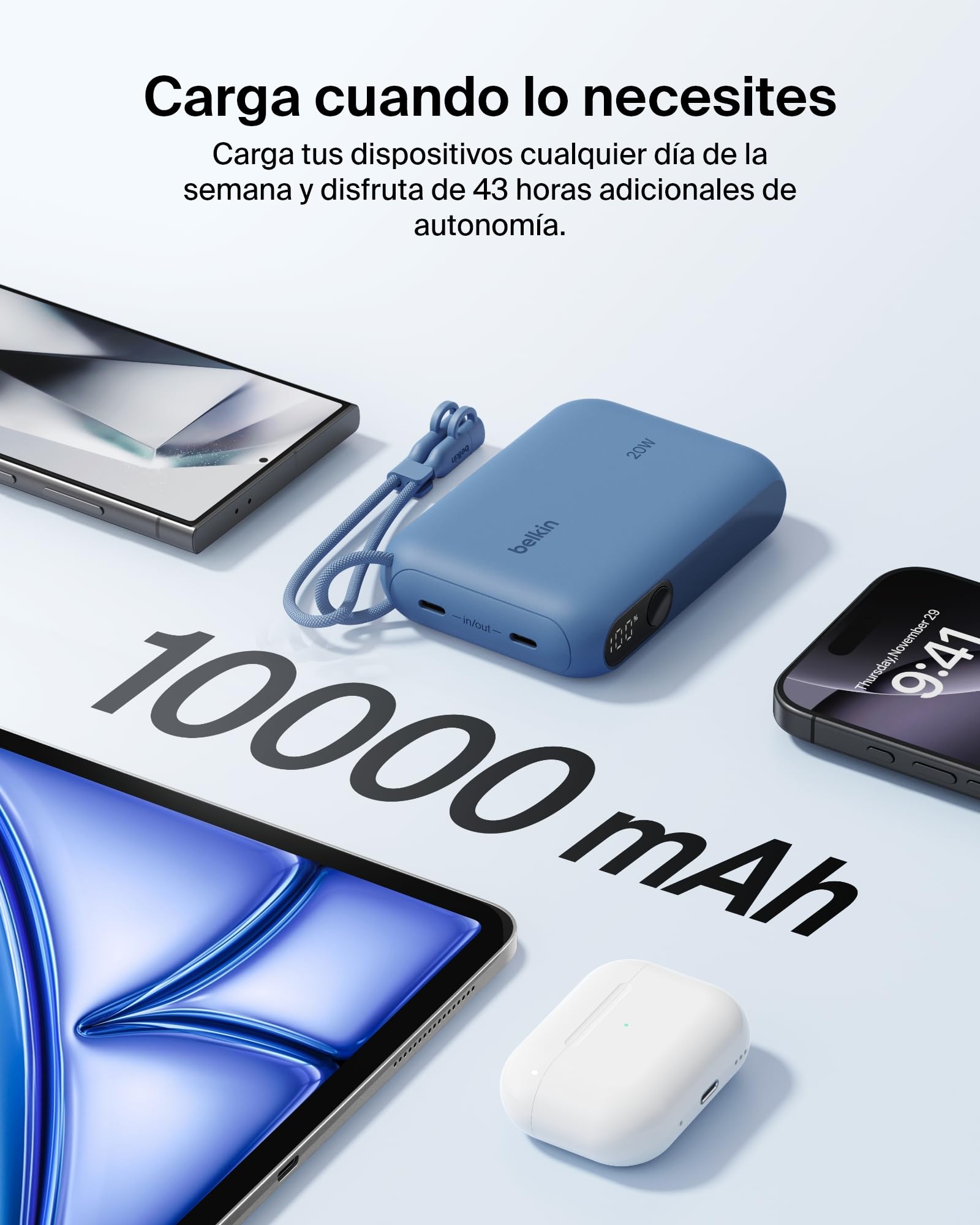 Belkin BoostCharge Batería Externa 10000 mAh con Pantalla Digital - Azul | Power Bank de 10000 mAh, 2 Puertos USB-C, 20 W, Autorizada como Equipaje de Mano, Precargada y Cable USB-C Extraíble