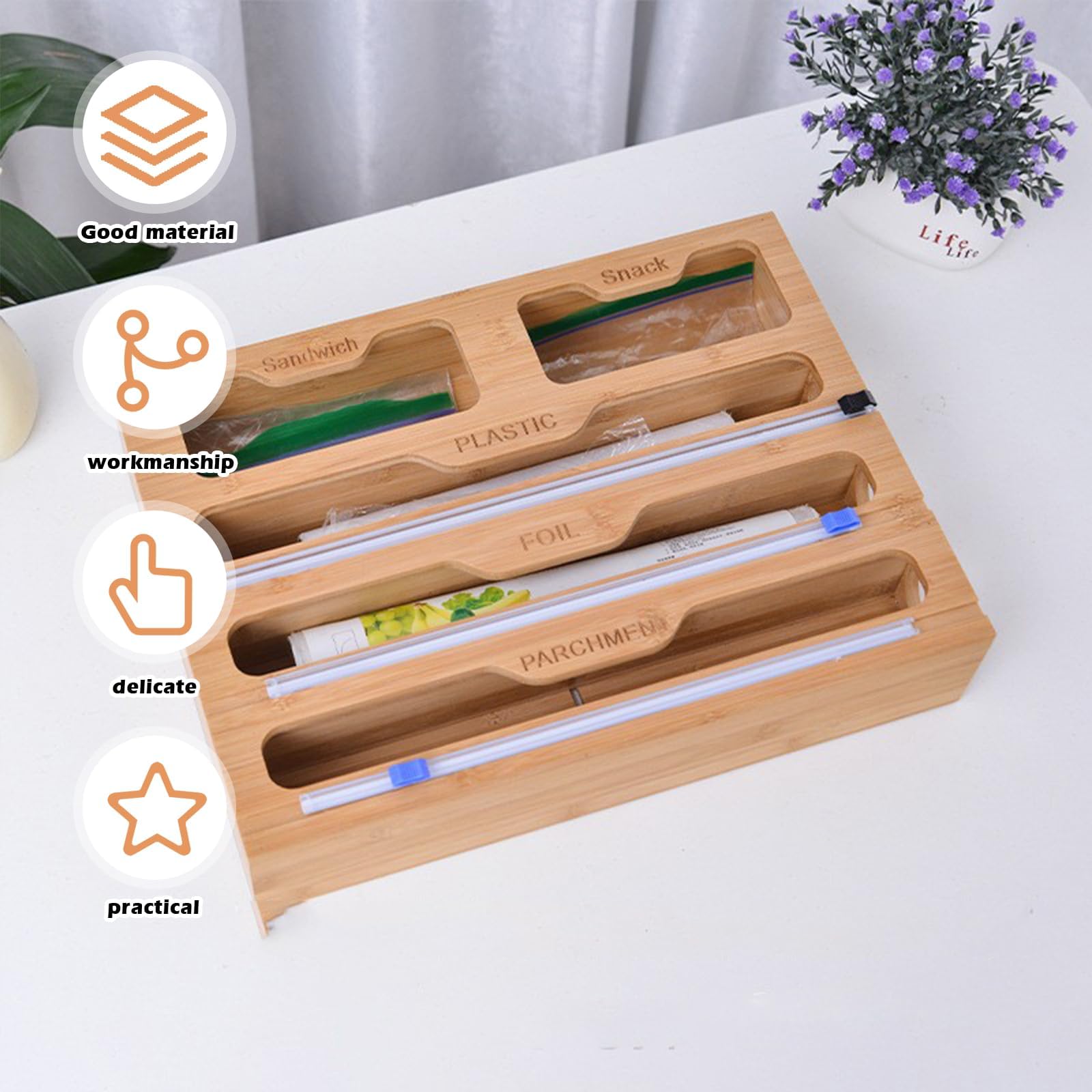 Dévidoir de film 5 en 1 avec cutter, compatible avec coupe-film, distributeur de film d'aluminium, dérouleur de film alimentaire, distributeur de film alimentaire pour tiroir de cuisine (40 x 29,5 x 8