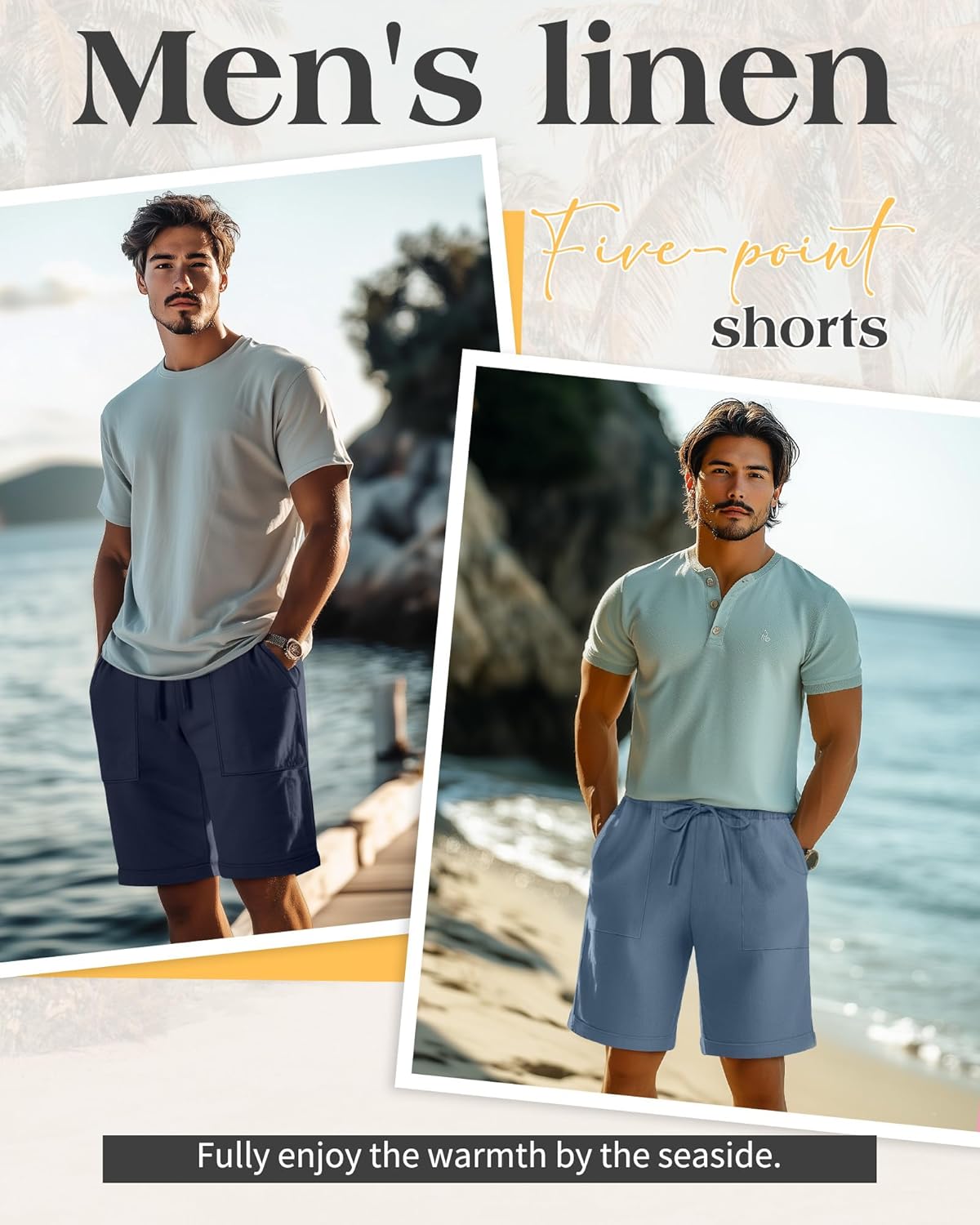 Neer 2 Pack Men's Cotton Linen Blend Bermuda Flat Front Shorts, 7" Casual Elastic Waist Drawstring Summer Shorts with Pockets - Image 4