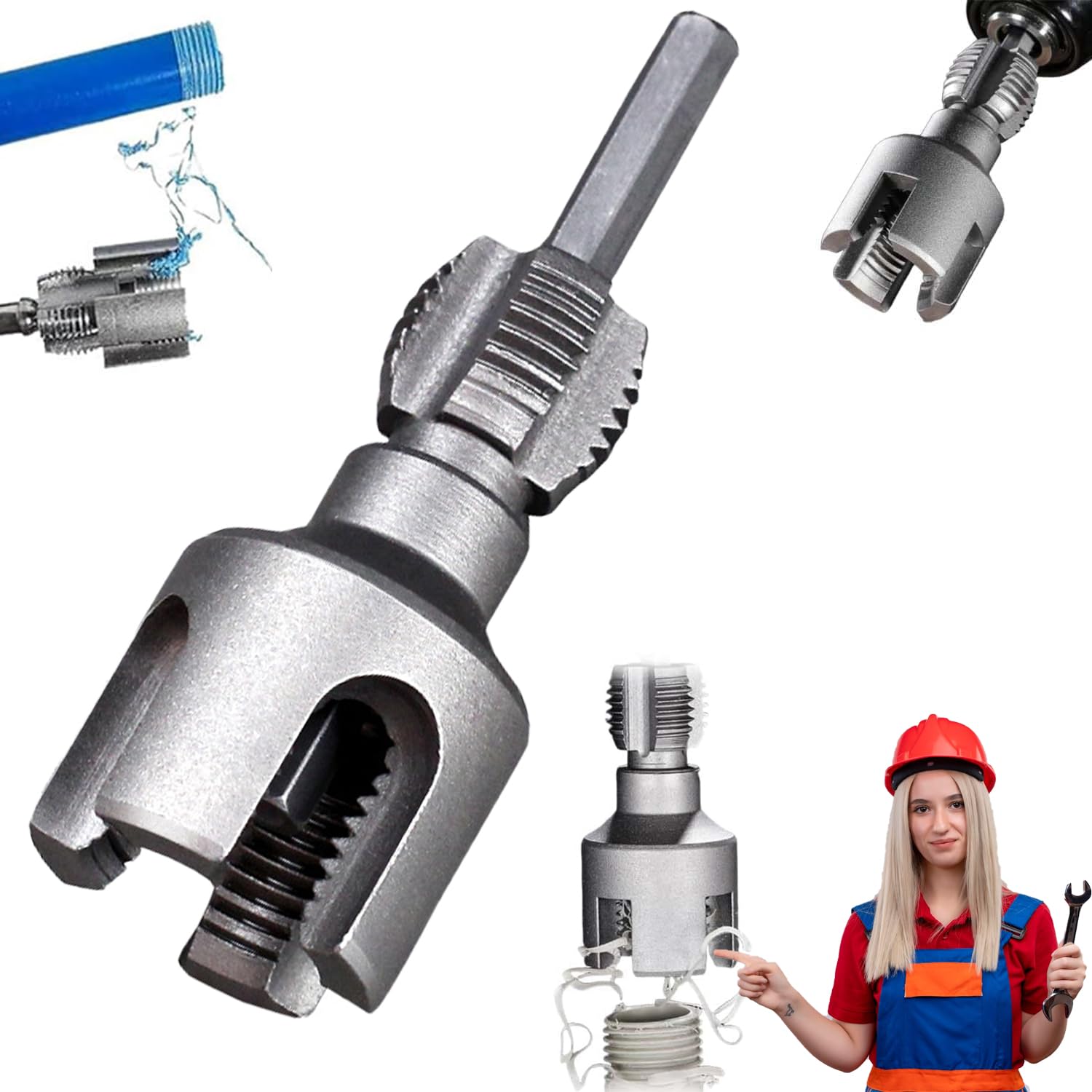 Pipe Thread Cutting Tool, Integrated Internal & External Threading Tool for Electric Drills, PVC Pipe Threader Kit with Rethreading Function, Compatible with 1/2