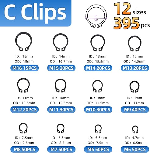 Miniatura 3 de Juego de 900 anillos de retención de acero al carbono, 24 tamaños C y clips E para reparación de piezas de automóviles, mantenimiento de maquinaria