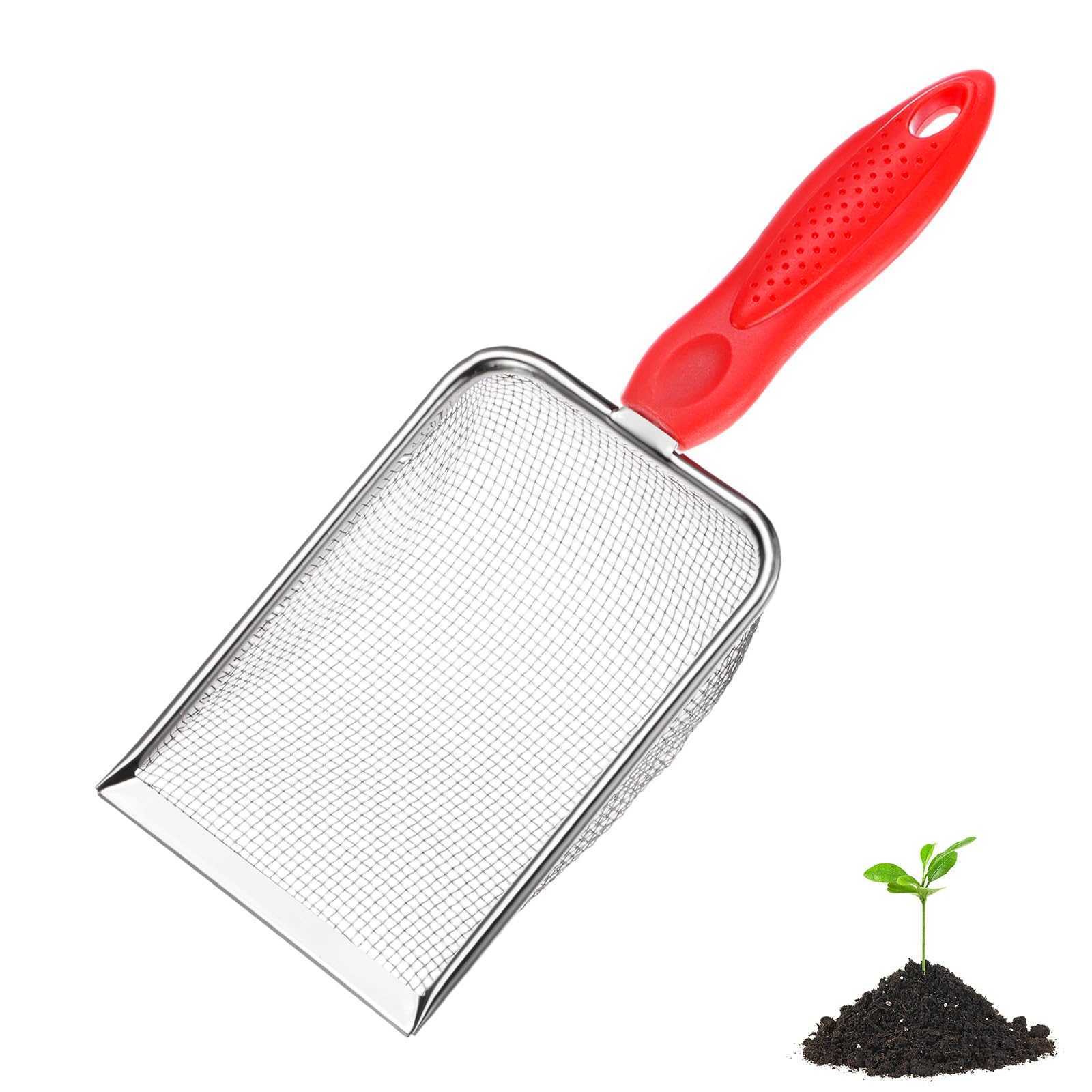 M METERXITY 1-Pack Gardening Soil Sifter, 2 mm Mesh Stainless Steel Portable Gardening Sifter with Non-Slip Handle for Sand/Dirt/Rock/Compost [White, Red]