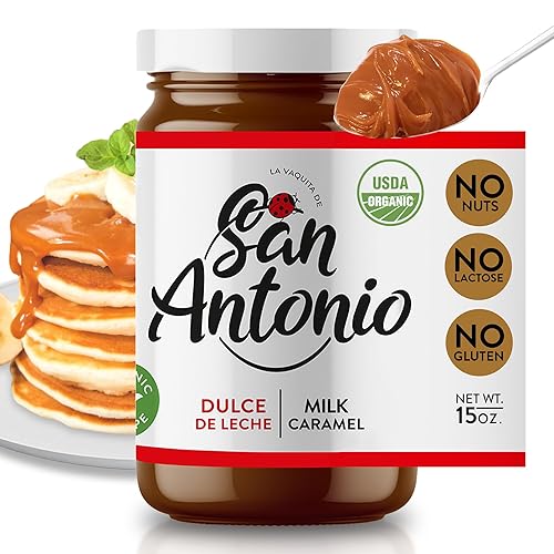 San Antonio Organic Dulce De Leche  Crema de caramelo con leche  Salsa sin gluten y sin lactosa para postres, helados, café y más, 15 onzas (paquete