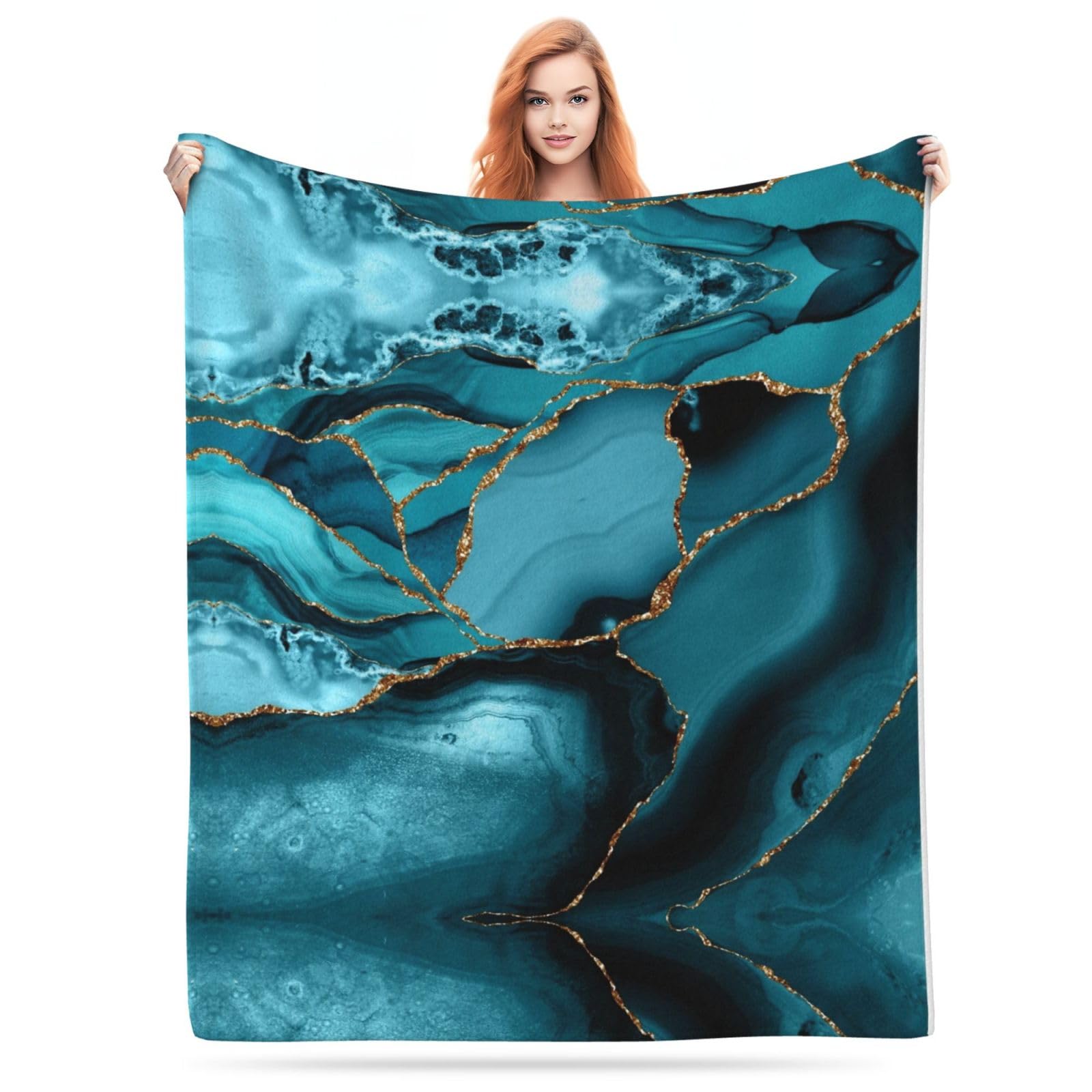 Teal and Gold Faux Marble Waves Flannel Fleece Blanket Lightweight Cozy Bed Blankets Soft Throw Blanket Fit Couch Sofa for for Home Bedding Living Room Traveling Camping 50 X40