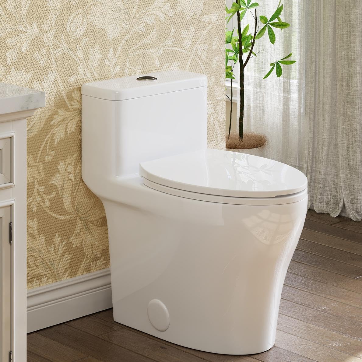 One-Piece Toilets, Low Water Tank, ADA 17.5" Seat Height, Water-Saving Design, Compact Modern Bathroom Toilet