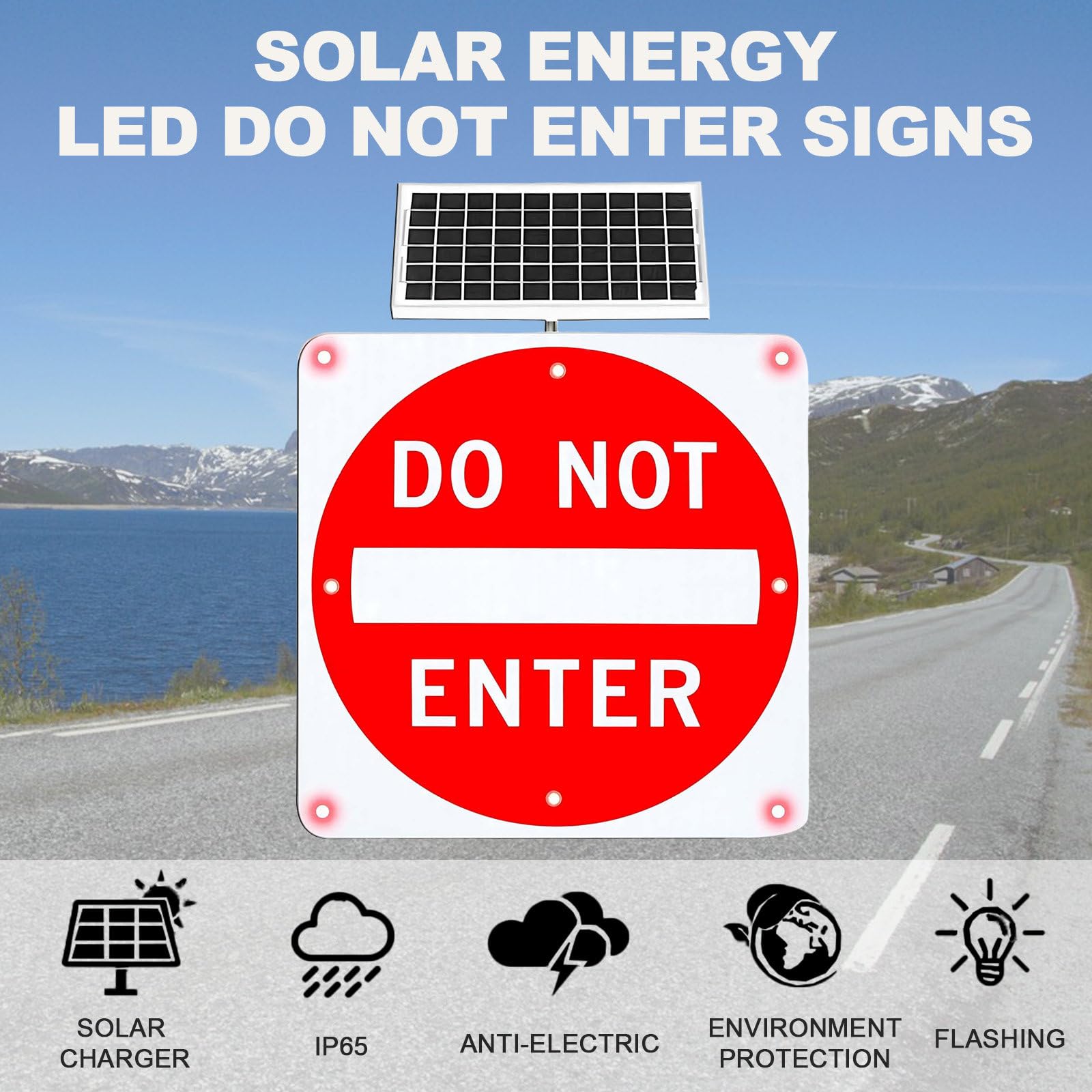Cartello Solare Divieto di Accesso in Alluminio Rifrangente – 8 LED Ad Alta Potenza, Impermeabile Ip65, visibilità Giorno/Notte 0,8 Km, Ip65, Pellicola Rifrangente Grado Tecnico 30in