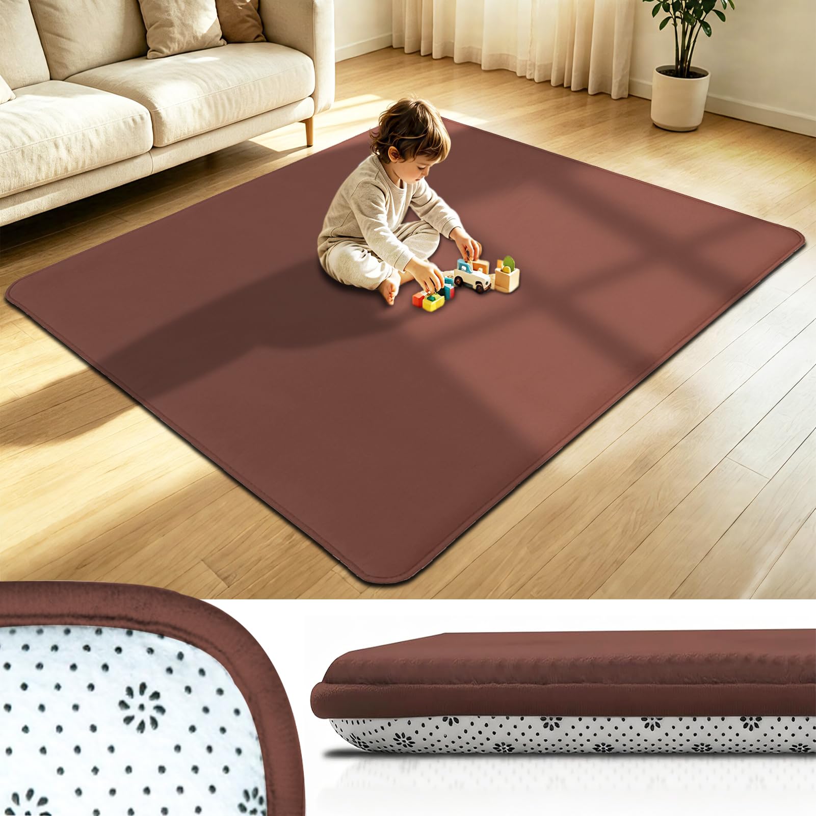 Taxestmy Crawling Mat for Baby Non-slip 3cm Baby Foam Play Mat 50 x 200 cm Brown Toddler Padded Play Mat for Playpen Thick Kids Playmat Baby Gym for Crawling Indoor Coral Velvet Area Rugs