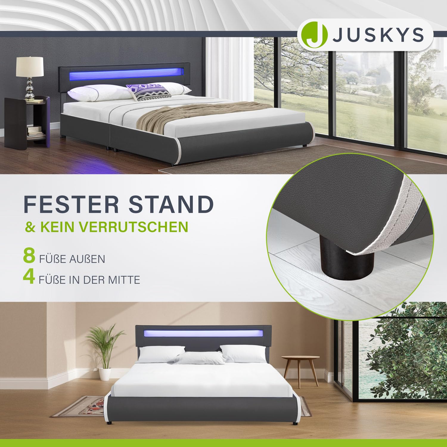 Juskys Polsterbett Sevilla 180x200 cm mit LED Beleuchtung, Lattenrost & Kopfteil - Holz & Kunstleder - 16 Farbeinstellungen & Fernbedienung - Bett Bettgestell Doppelbett - Grau