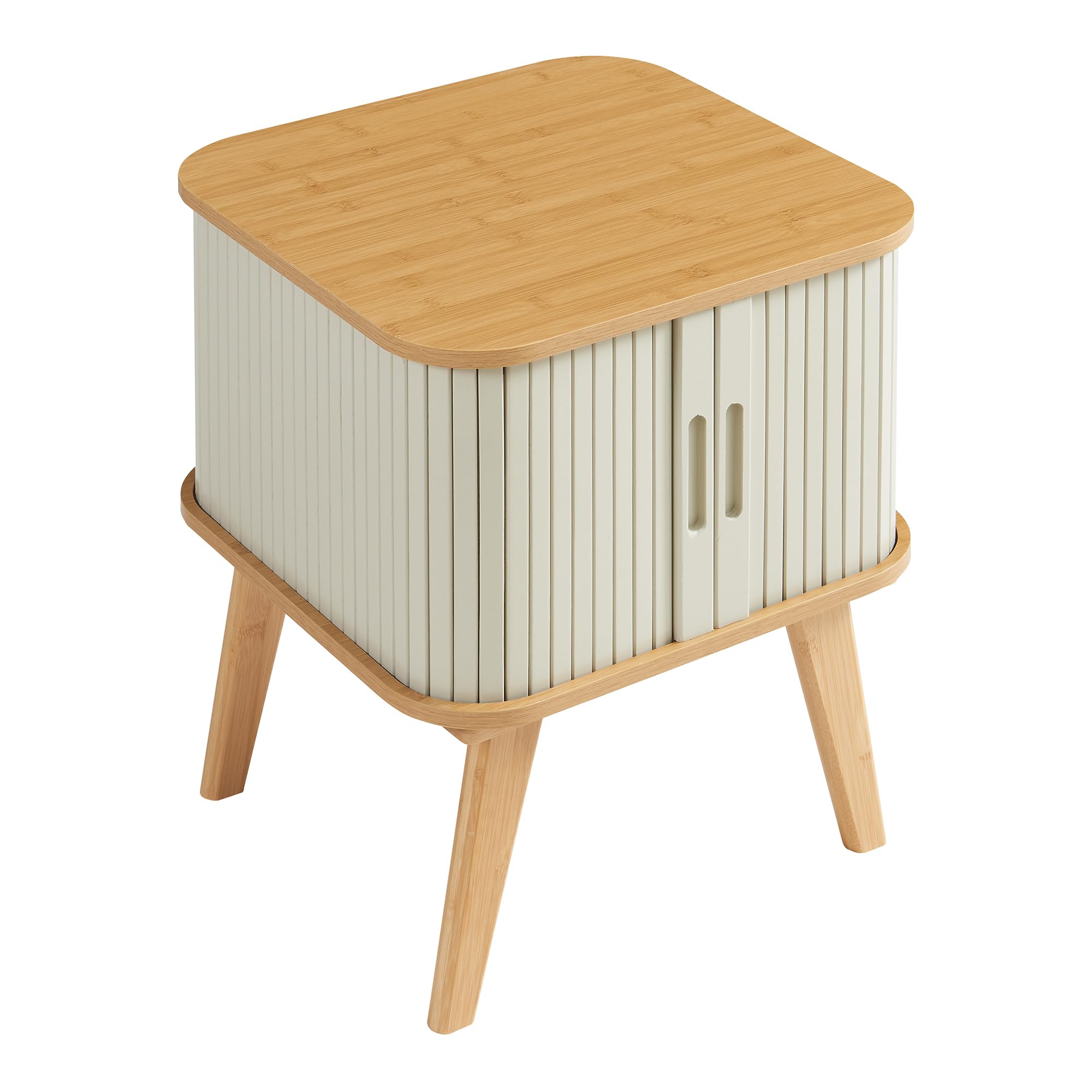 [en.casa] Table d'Appoint Design Scandinave Table de Nuit Chevet Bout de Canapé Table Basse avec Portes Coulissantes Compartiment de Rangement Salon Chambre Bambou 59 x 45 x 45 cm Naturel Blanc Crème