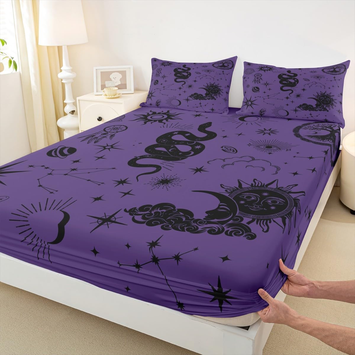 Snake Printed Fitted Sheet Queen Size,Sun and Moon Bedding Sheets Constellation Stars Dream Catcher Bed Sheet for Kids Girls Boys Adult Room Decor Exotic Black Purple Deep Pocket Sheet,2 Pillowcases