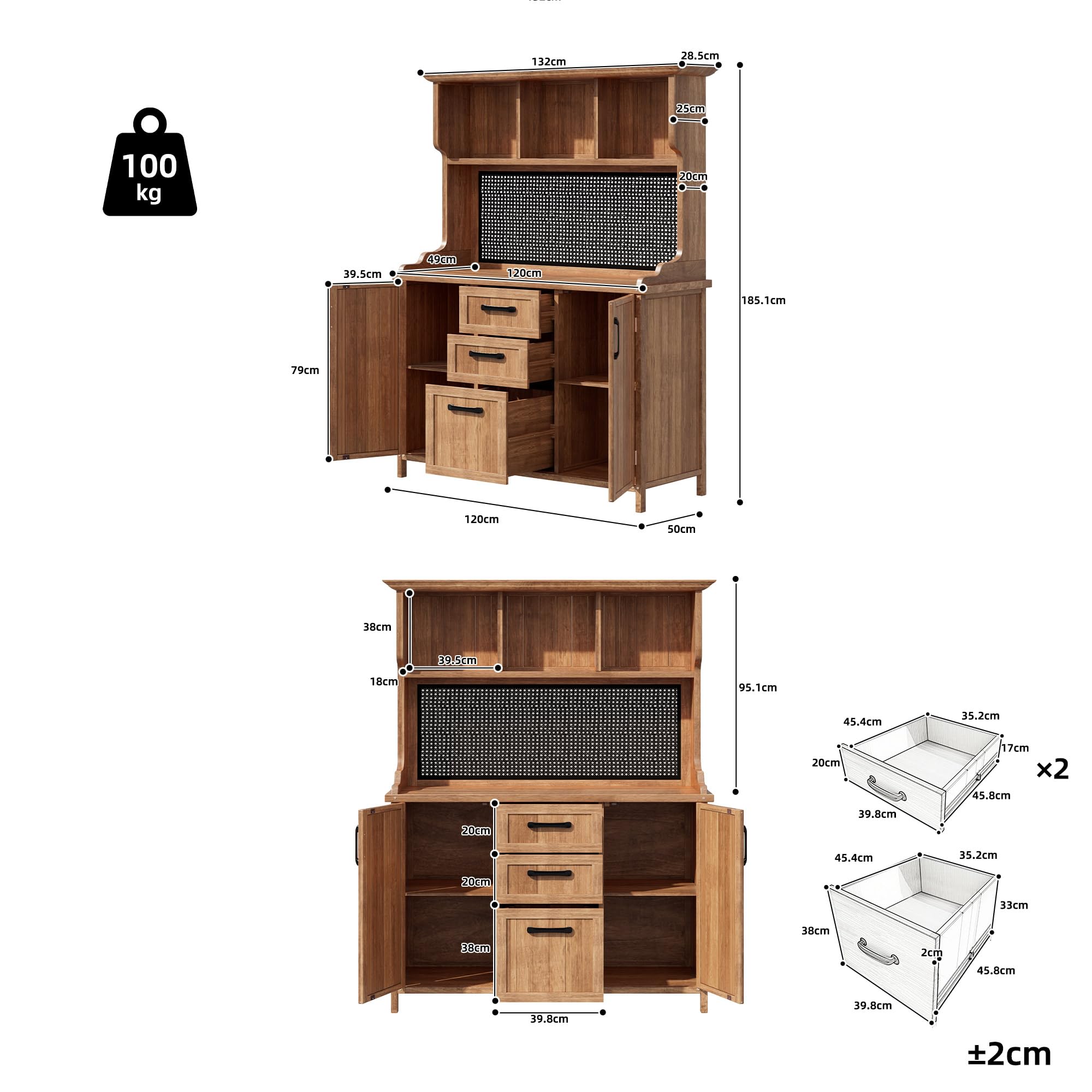 Merax Outdoor Storage Cabinet, Solid Wood, Natural, 120x50x185.1cm, 47kg, Rustic, with 3 Drawers and Metal Pegboard — view 2