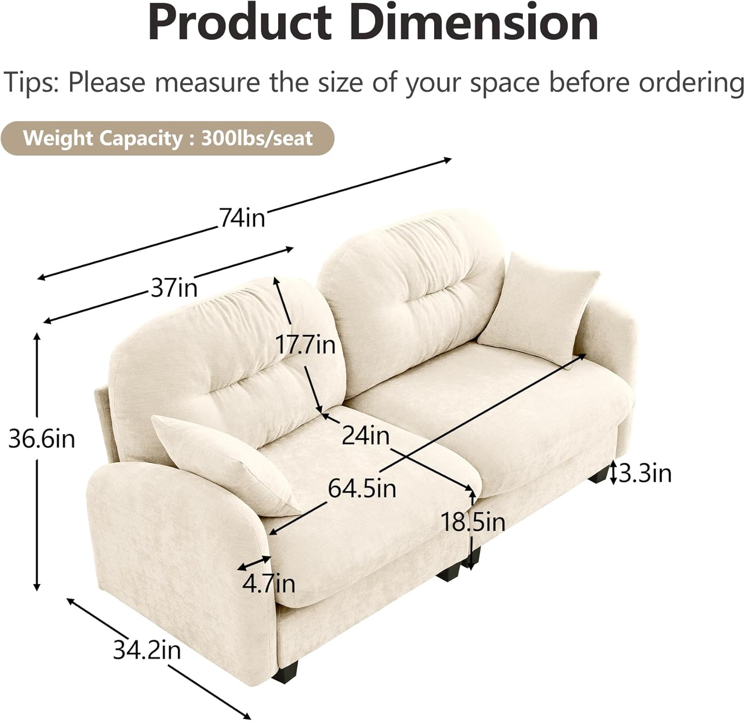 Modular Sectional Sofa Cloud Couch, 2-Seater Small Couch for Small Spaces, 74'' Chenille Loveseat Sectional Couches for Living Room, Comfy Upholstered Deep Seat Sofa with Throw Pillows, Beige