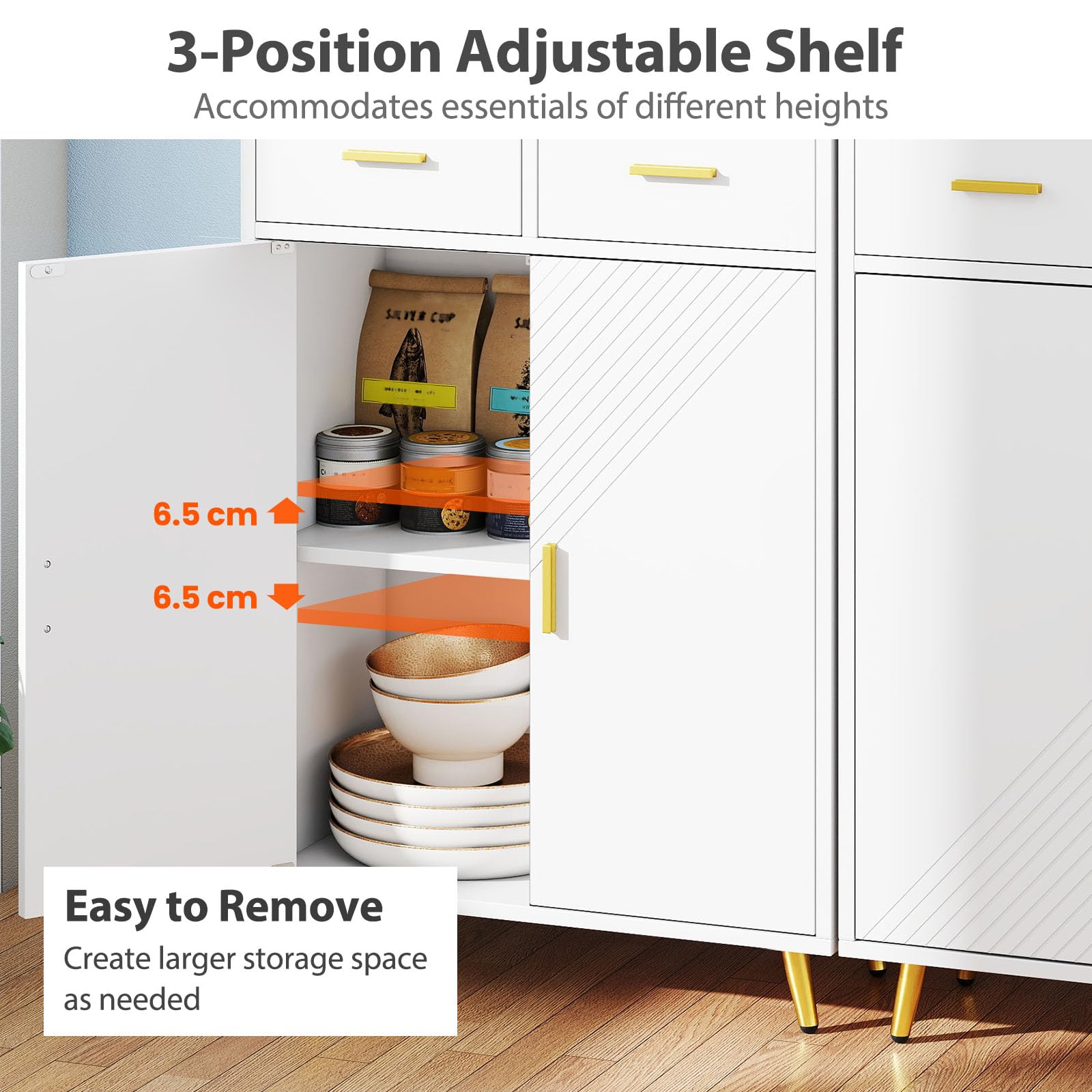 LIFEZEAL Credenza Cucina, Mobile Dispensa, Armadio, Madia, con 2 Ante, Cassetti, Ripiano Regolabile, Scomparto Aperto, Moderno, Salvaspazio, Soggiorno, Sala, Ingresso, in Legno, 60x30x113cm, Bianco