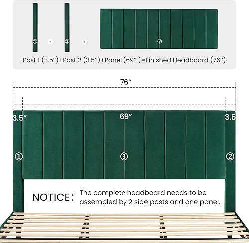 Miniatura 47 de SHA CERLIN Marco de cama matrimonial/plataforma tapizada de terciopelo con cabecero, soporte de listones de madera resistente, base de colchón, no