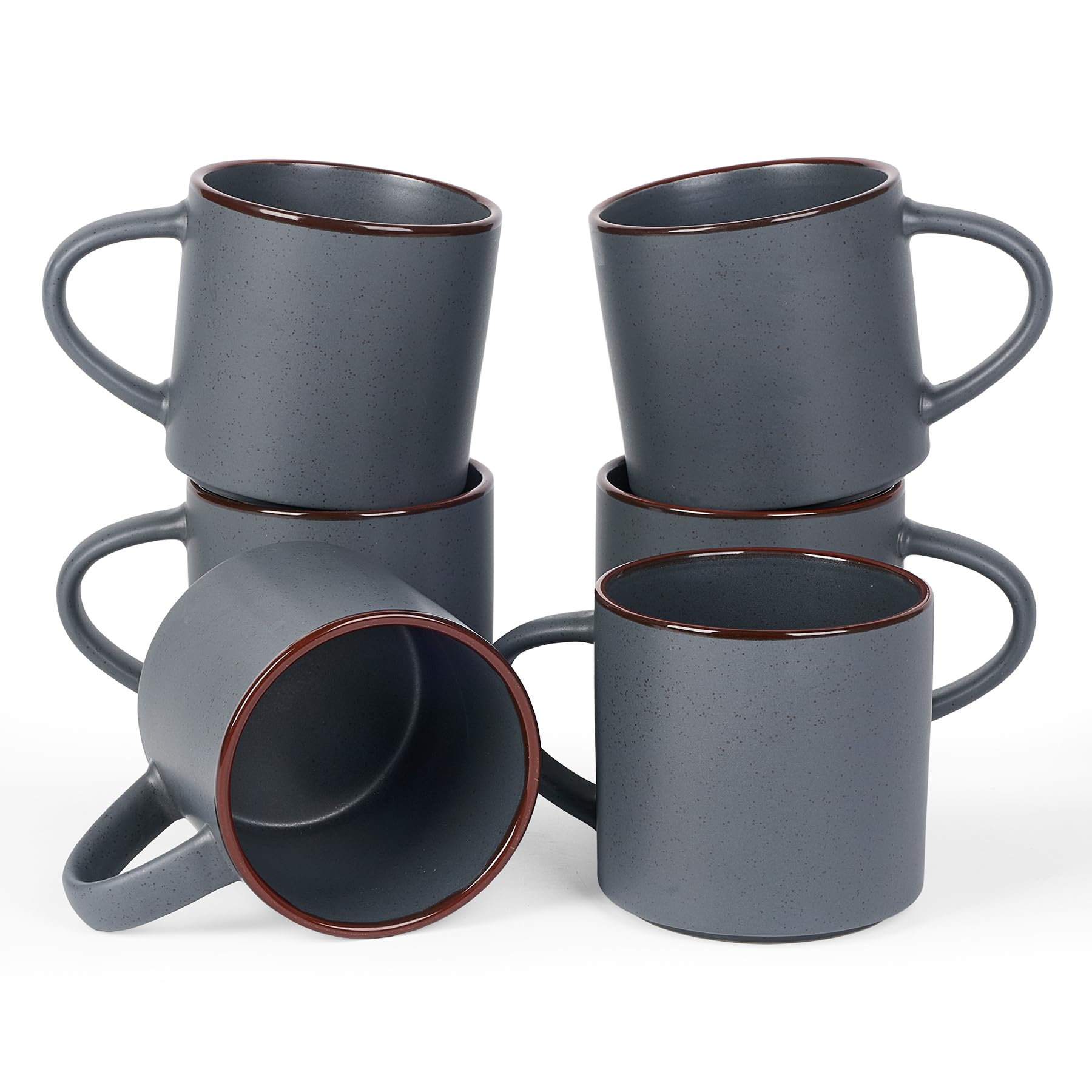 Richmount Halo Coffee Mugs Sets of 6, 13oz/370ml Stoneware Tea Cups with Large Handle and Burgundy Trim for Latte/Cappuccino/Milk/Cocoa/Tea, Microwave & Dishwasher Safe, Charcoal Grey