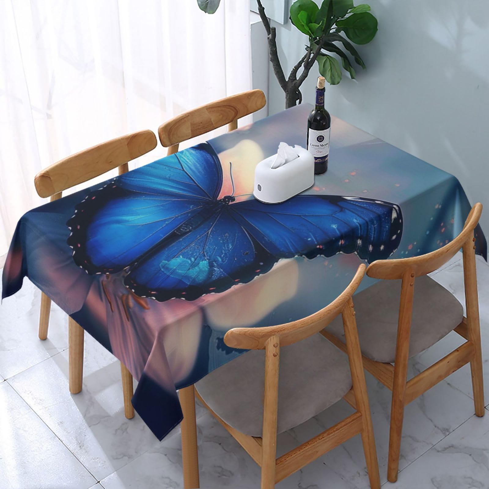 WPKJU Blue Butterfly Printed Tablecloth Water Resistant Table Cover Washable Rectangle Table Cloth for Tables 54x72 in