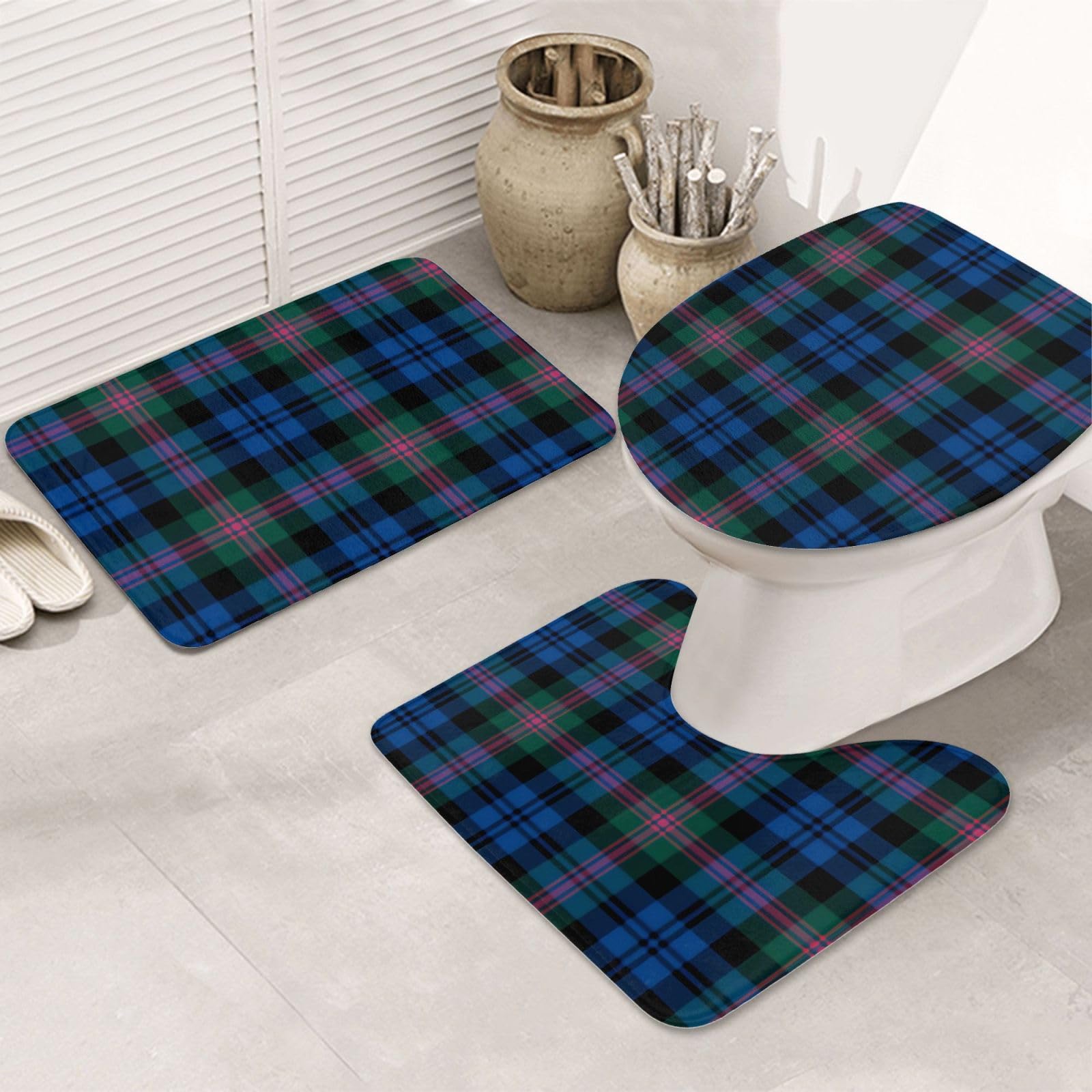 Set di 3 tappetini da bagno a righe in flanella morbida antiscivolo con coperchio per la decorazione della casa