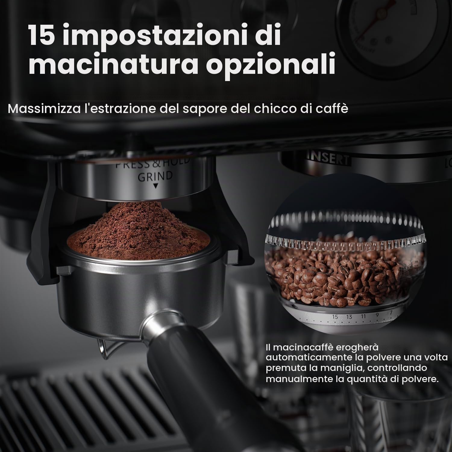 Macchina da caffè espresso con macinino – 15 bar, 1350 W, controllo della temperatura PID & sistema di riscaldamento istantaneo, acciaio inox e cromato, serbatoio dell'acqua da 2,3 l, ugello per