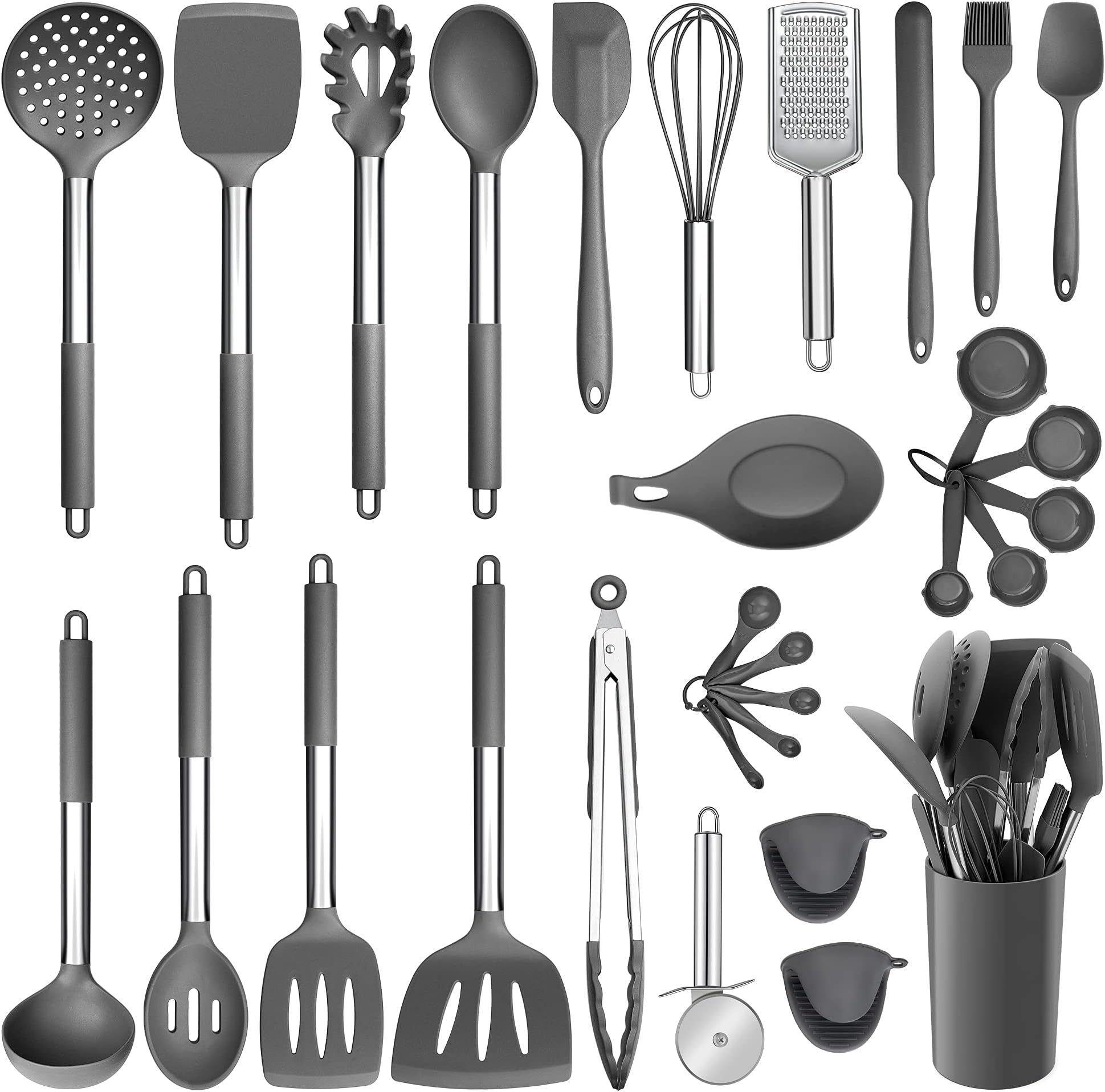 Silicone Kitchen Utensils Set, E-far 30-Piece Cooking Utensils Set with Holder, Heat Resistant Kitchen Spatulas Turner Tong Spoon Whisk Ladle for Nonstick Cookware, Stainless Steel Handle (Gray)