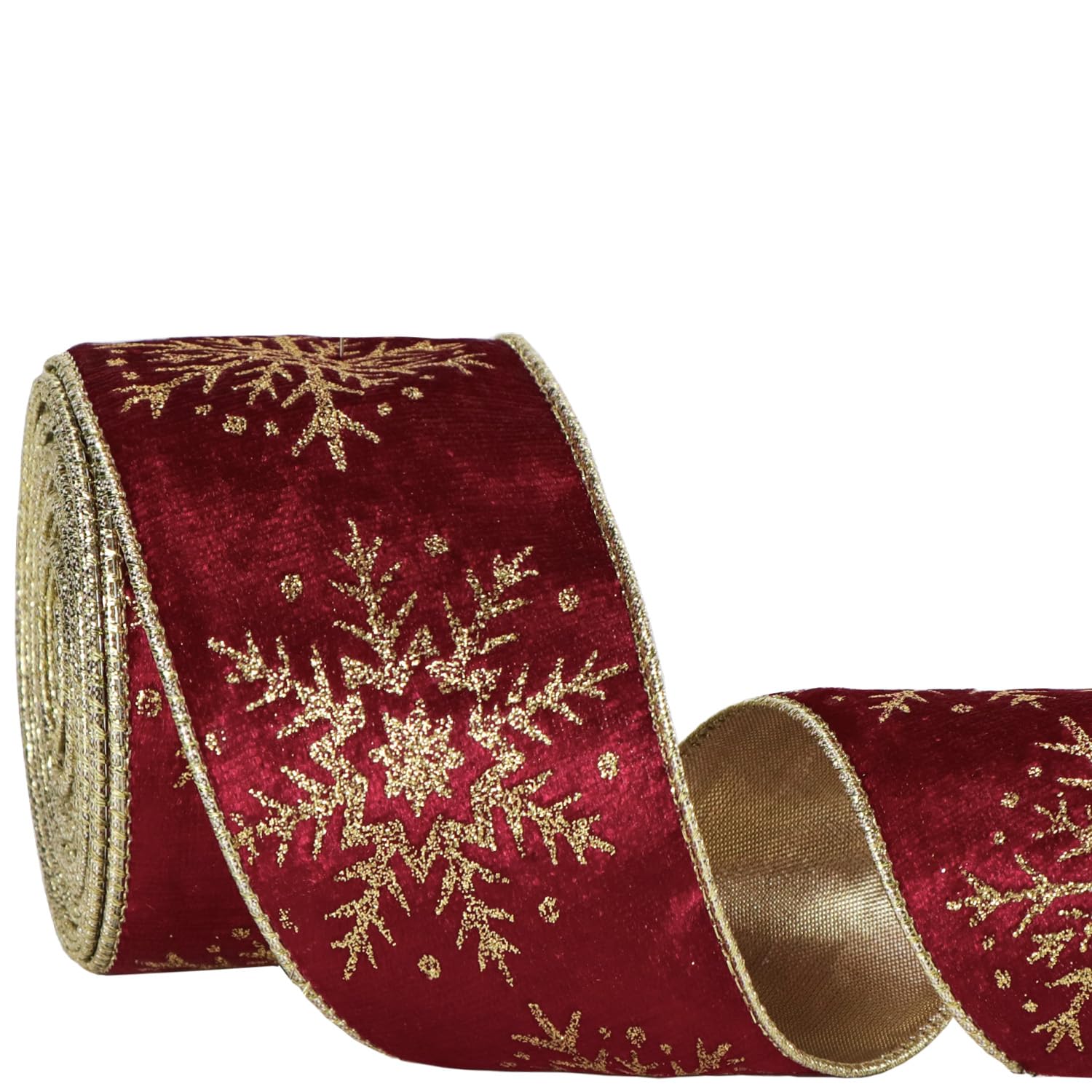 Velvet Wired Ribbon with Glitter Snowflake for Christmas Tree Decorations, Gift Wrapping, Wreath Bow Making,DIY Crafts, 6.3cm x 10 Yards (Burgundy)
