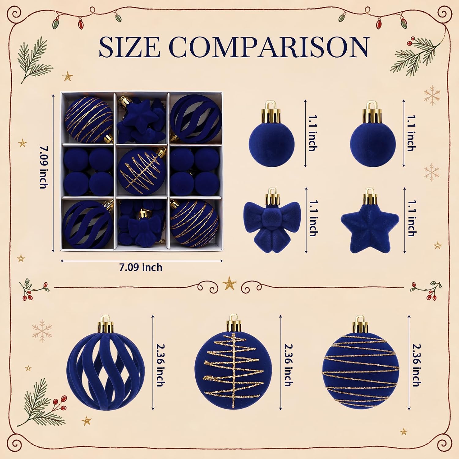 35pcs Navy Blue Velvet Christmas Ball Ornaments Xmas Tree Decor