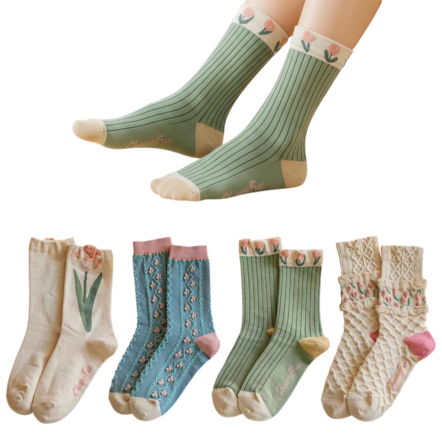 Women’s Floral Crew Socks Ribbed Cotton Mid-Calf Socks with Cute Flower Cuff, Soft Breathable Casual Everyday Wear Pack of 4-image-8