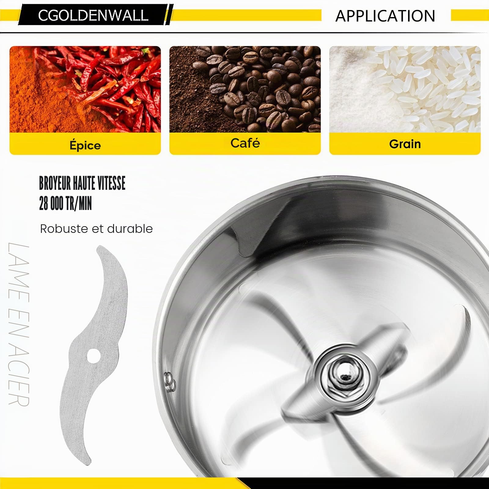 CGOLDENWALL 700g Moulin à Céréales Grains Électrique Ultrafin Broyeur à Épice pour Maïs/Café/Riz 28000RPM Haute Vitesse avec Open-Cover-Stop, Minuterie Contrôle, 2400W Commerciale Moteur