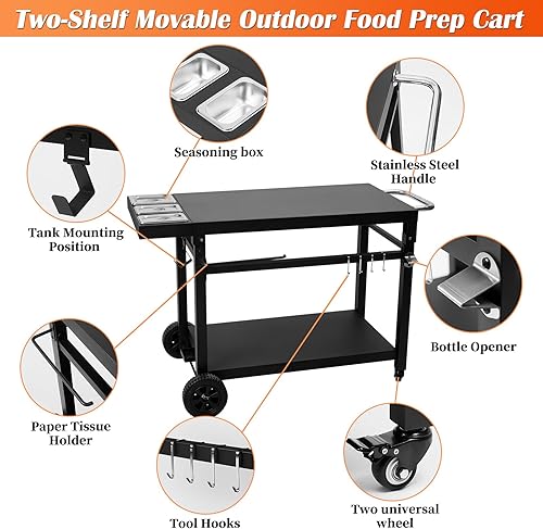 Miniatura 3 de Carrito de parrilla de hierro fundido negro con 2 estantes con ruedas, soporte de horno de pizza resistente para Blackstone Ninja, estación de
