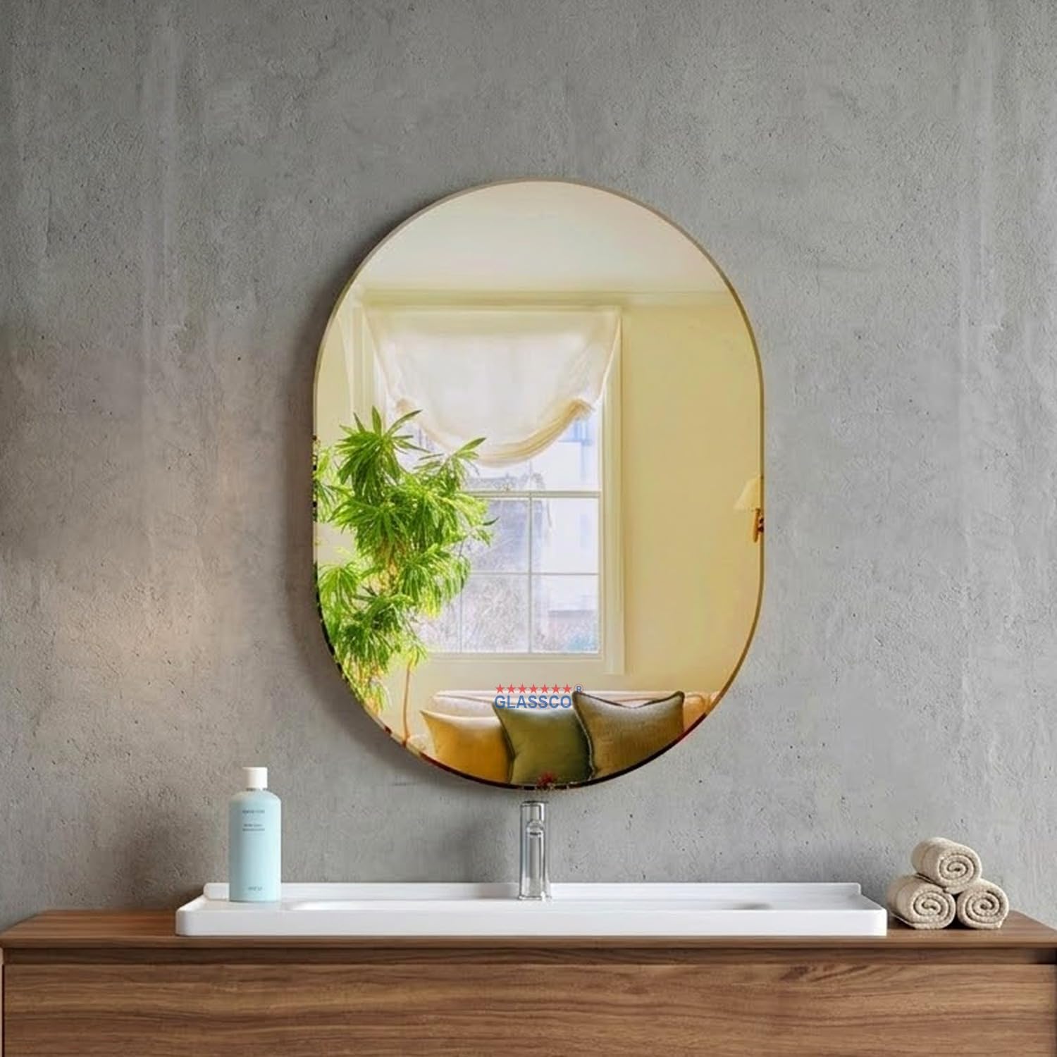 Glassco Mirror for Living Room, Frameless Wall Mount for Decoration, Bathroom, washbasin, Bedroom, entryway, Home dcor, Capsule Design Beveled (14x10 inch Horizontal and Vertical Hangs)-image-41