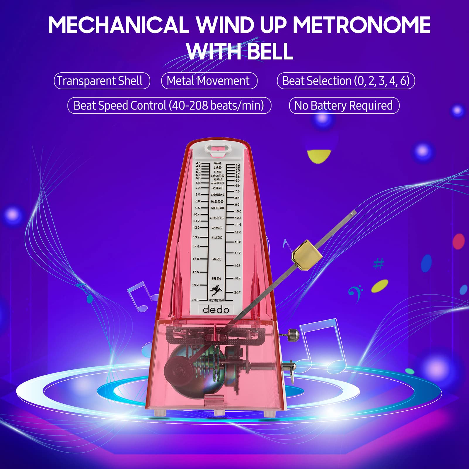 Metrónomo mecánico transparente con campana, metrónomo universal de cuerda con control de velocidad de selección de ritmo de sonido fuerte para guitarra, piano, violín, tambor