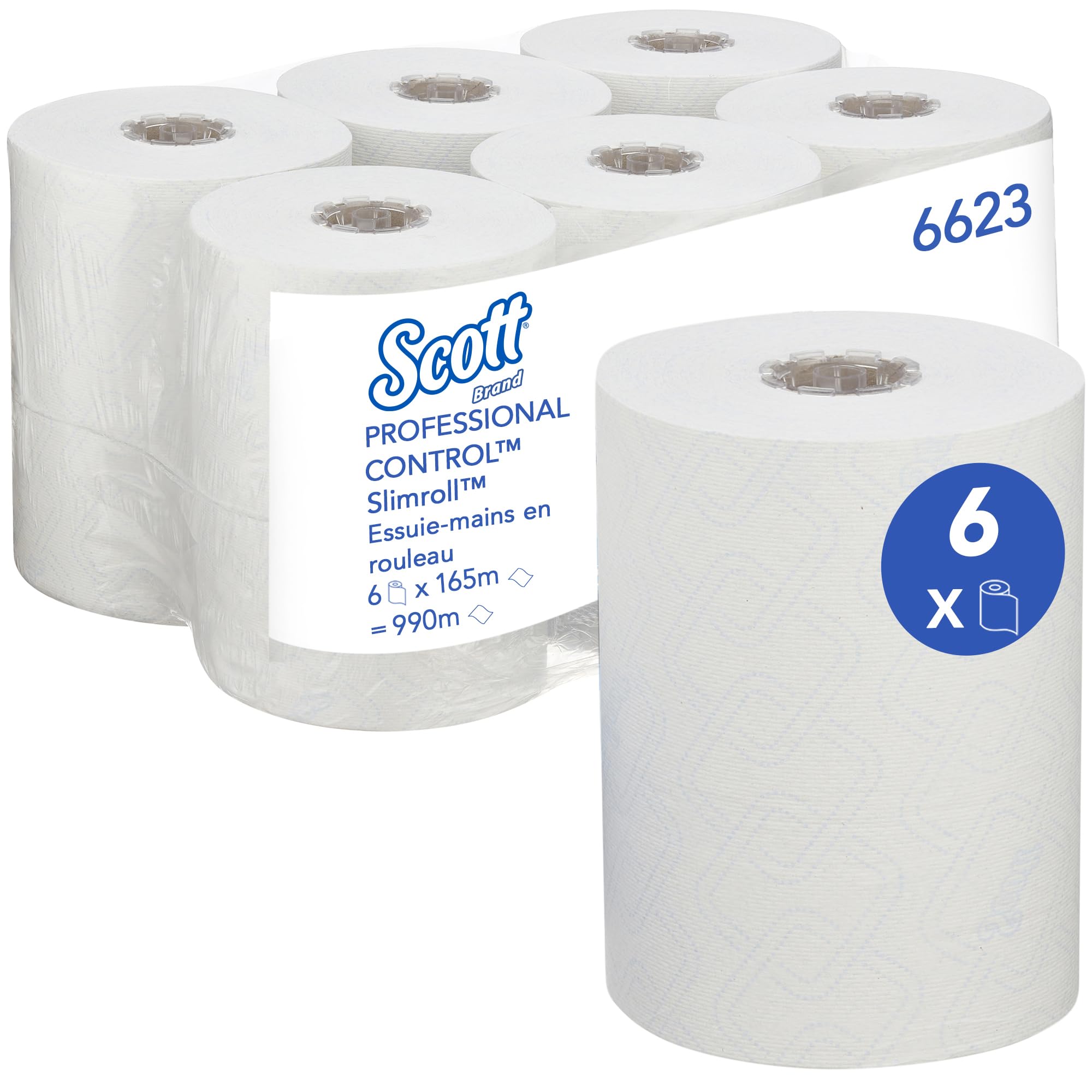 Essuie-mains roulés Scott Control Slimroll 6623 – Essuie-mains en papier jetables – 6 rouleaux d'essuie-mains x 165 m (990 m au total), Blanc