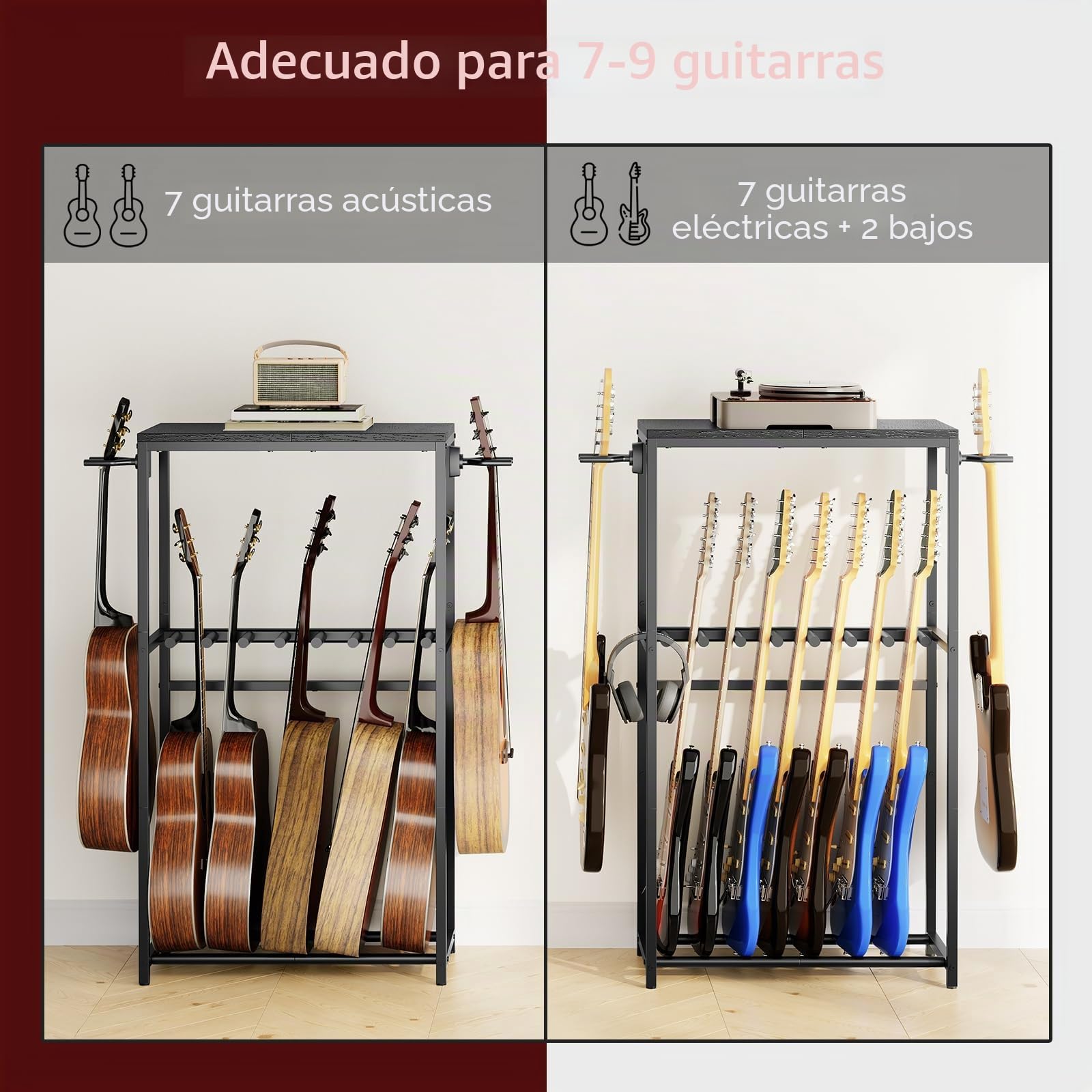 MAHANCRIS Soporte de Guitarra, Estantería para 7 Guitarras de Dos Niveles, para Guitarra Acústica, Guitarra Eléctrica, Bajo, Ukelele, Banjo, Revestimiento Protector de EVA, Negro AGSHB6701