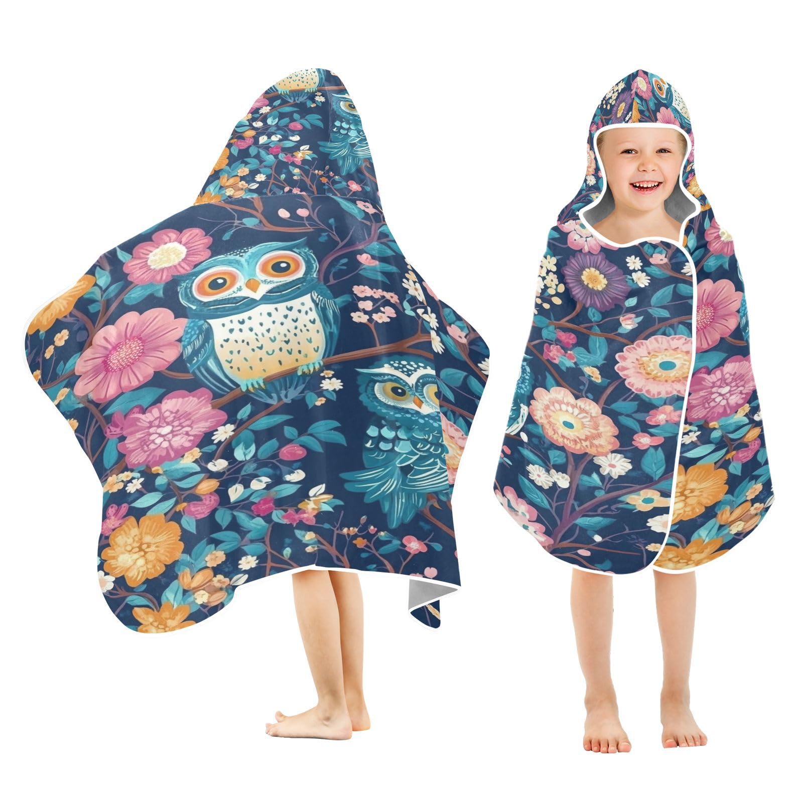 Kigai Owl Flowers Hooded Beach Towel for Kids Soft Absorbent Quick Dry Bath Towel with Hood Lightweight Toddler Shower Pool Bath Wrap for Boys Girls