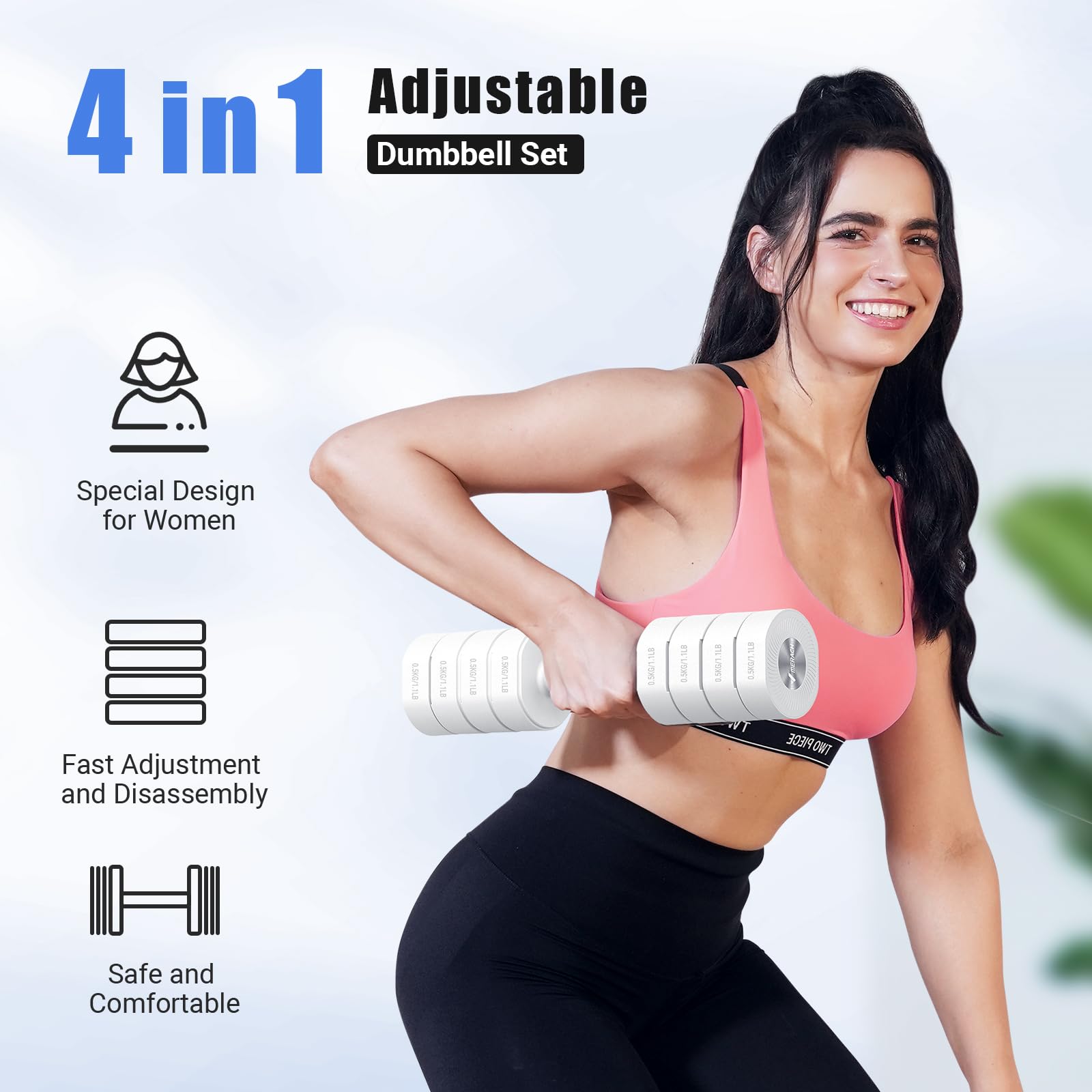 MERACH Dumbbell Set of 2, Adjustable Weight, Anti-slip Handle, Macaron Colors, Each 2.2/4.4/6.6/8.8 lbs, 4 in 1 Hand Weights for Women at Home, White