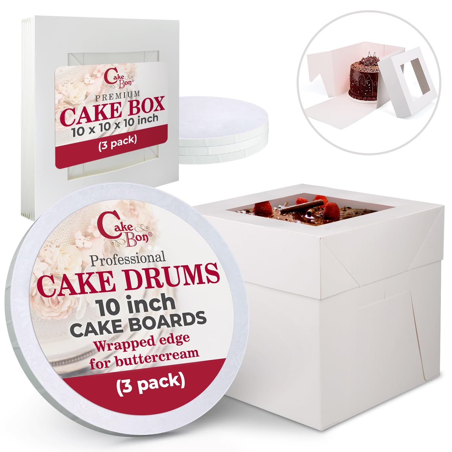 Cakebon Cake Boxes with Boards - 10 Inch Round Cake Drum White (3-pack) - Box With Window for Birthdays, Weddings and Parties