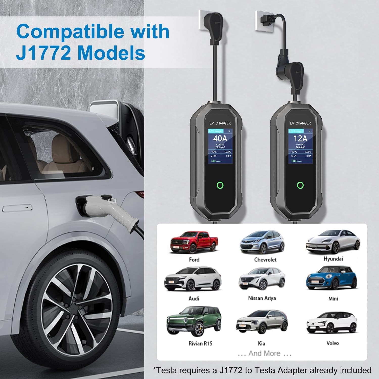 40 Amp Level 2 / Level 1 Portable EV Charger Station for SAE J1772 EV Cars (240 Volt, 23ft Cable), FCC and UL Certified, with NEMA 14-50 plug and 5-15 to 6-20 plug options and J1772 to Tesla adapter