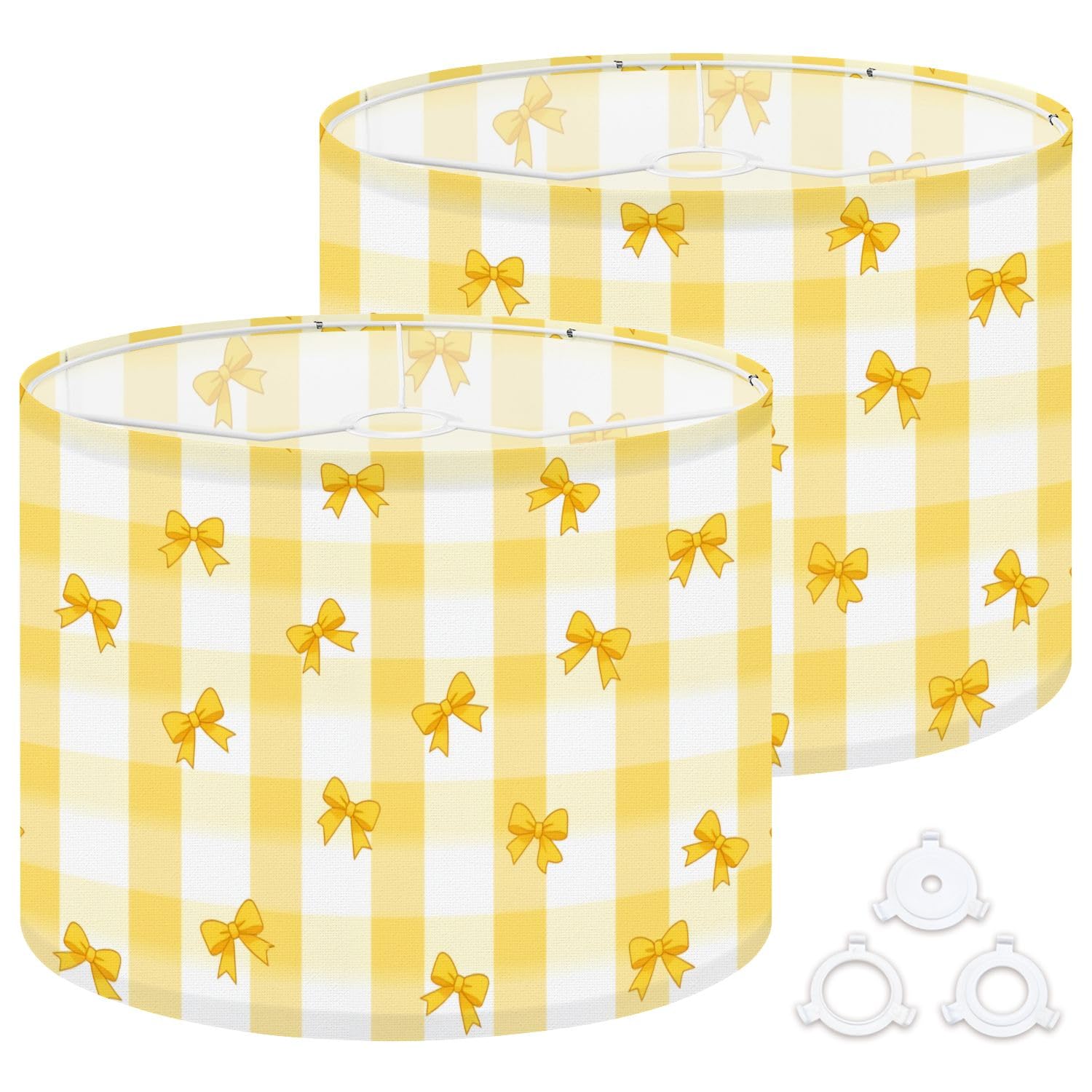 Fabric Round Drum Lamp Shade Yellow Bow Soft Checkered Vintage Medium Linen Decorative Assembly Replacement Lampshades 13inch Set of 2 for Table Lamps, Floor Lamps,Ceiling Lamp