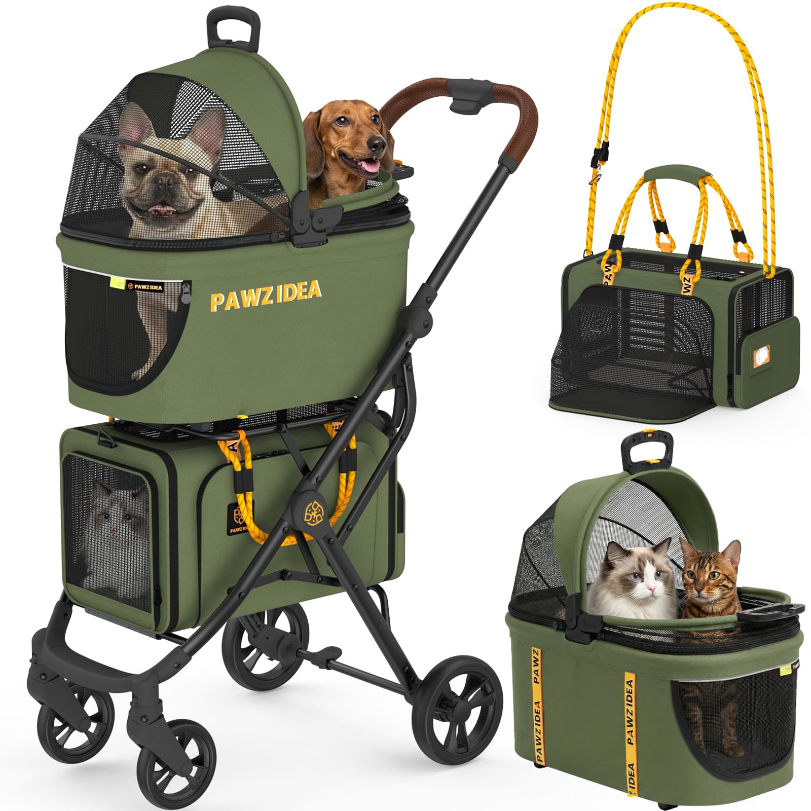 PAWZIDEA Double Pet Stroller with 2 Detachable Carrier