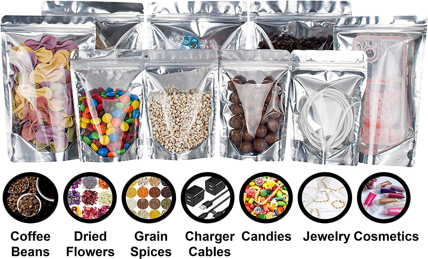 GREENTWISH Transparent Front/Silver Back Standup Zipper Pouch | Reusable LDPE Zip Lock Bag for Food Storage | Product Packing Pouch | Size: 5 x 8 Inch (Capacity: 250gm) (20 Pcs) 4