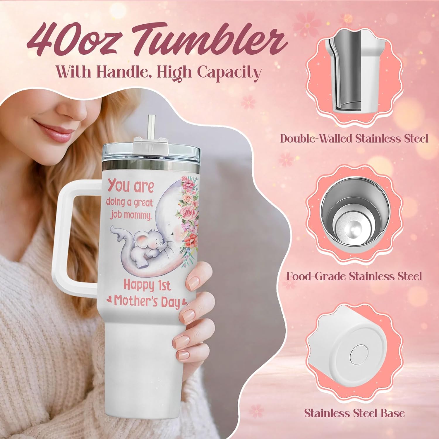 34HD Mother Love Elephant 40oz Tumbler with Handle and Straw, Pink Floral Heart Sentimental Insulated Travel Coffee Mug, New Mom Gift for Mother's Day, Birthday Present from Daughter Son & Dad