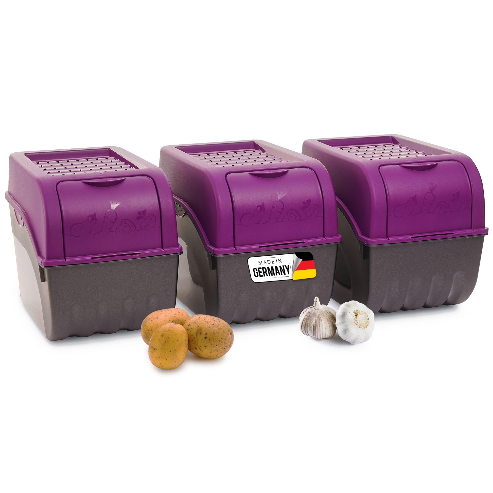 Novaliv Kartoffel Aufbewahrungsbox | 3X groß 9L | LILA | Zwiebelbox | Gemüsebox stapelbar Kartoffelbox Zwiebel Aufbewahrung Kartoffelkorb Obstbehälter Kartoffelkiste Frischhaltedose