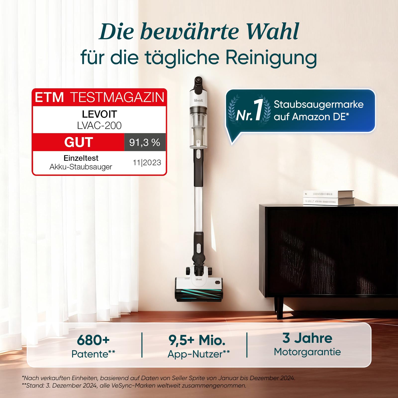 Levoit - Akku Staubsauger - Laufzeit für 75㎡ - Staubsauger Kabellos - 4-in-1 Vacuum Cleaner - 99,9 Prozent Filterleistung - Anti Tangle -Für Tierhaare/Teppiche/Hartböden/Auto - LVAC-200