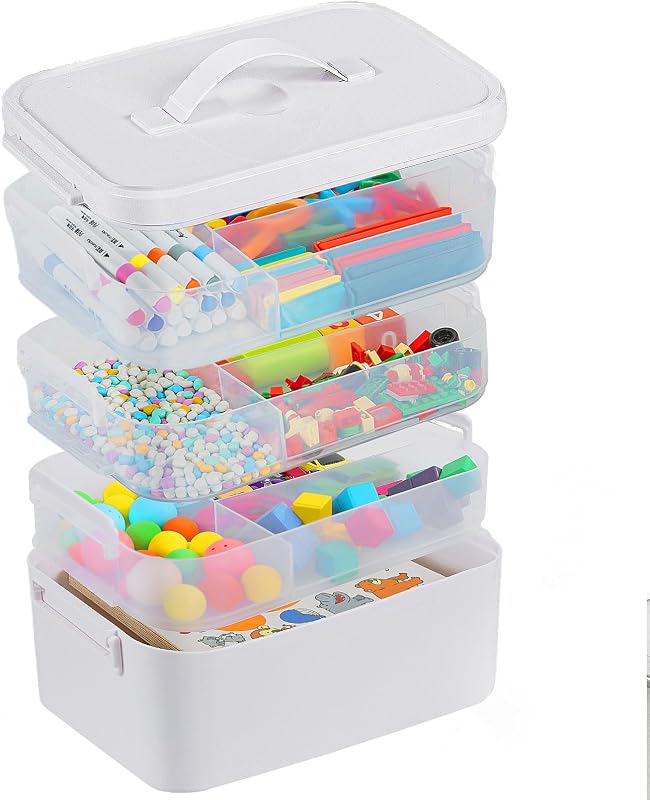 Gifhomfix 4-Layer Plastic Craft Organizers and Storage Box with Removable Trays, Storage Containers with lids and Handle, Art Supply Storage Organizer for Organizing Bead, Sewing, Tool