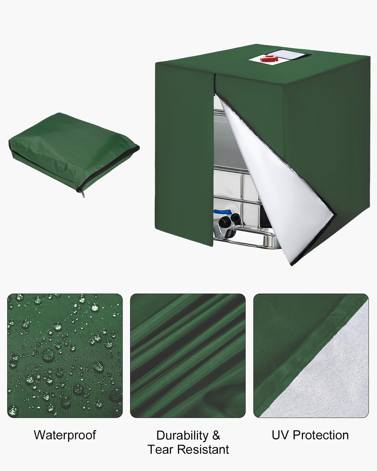 Bache pour Cuve 1000L IBC, 420D Réservoir d'eau Couvercle, Anti-UV Housse Protection Cuve, Bâche de Protection Cuve IBC avec Fermeture éclair, 120 x 100 x 116 cm(Vert)