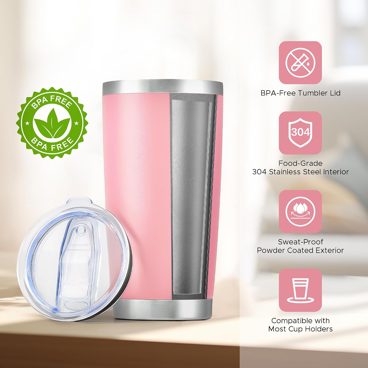 OMTech 20oz Tumbler Bulk, 6 pcs Stainless Steel Insulated Mug, Pink image 2