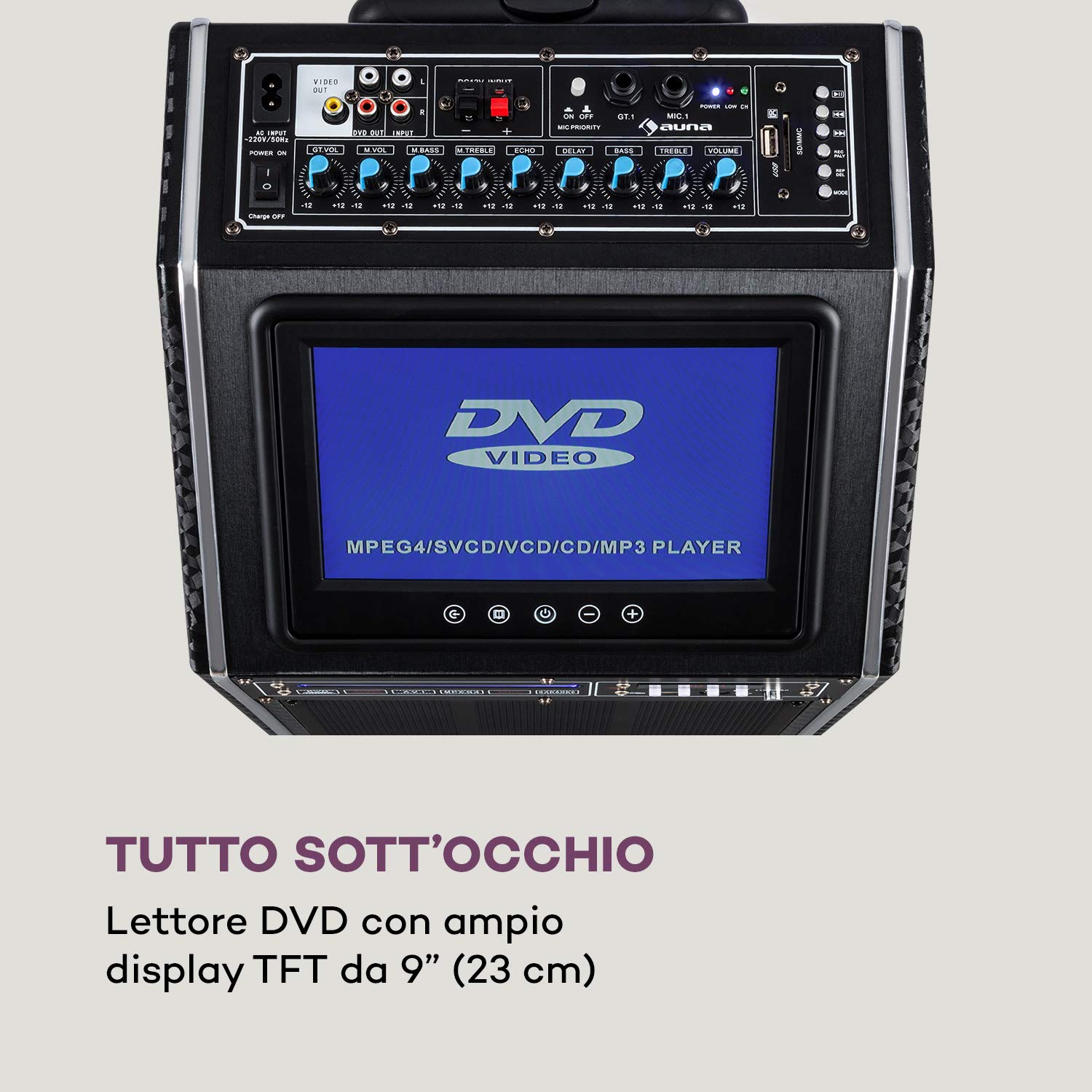 AUNA Pro DisGo Box 2100 DVD - Impianto PA Portatile, 300 W Max., Display TFT da 9" (23 cm), Lettore DVD, 2 Subwoofer da 10" (25,5 cm), Bluetooth, XMR Bass Technology, Microfono uhf Senza Fili, Nero